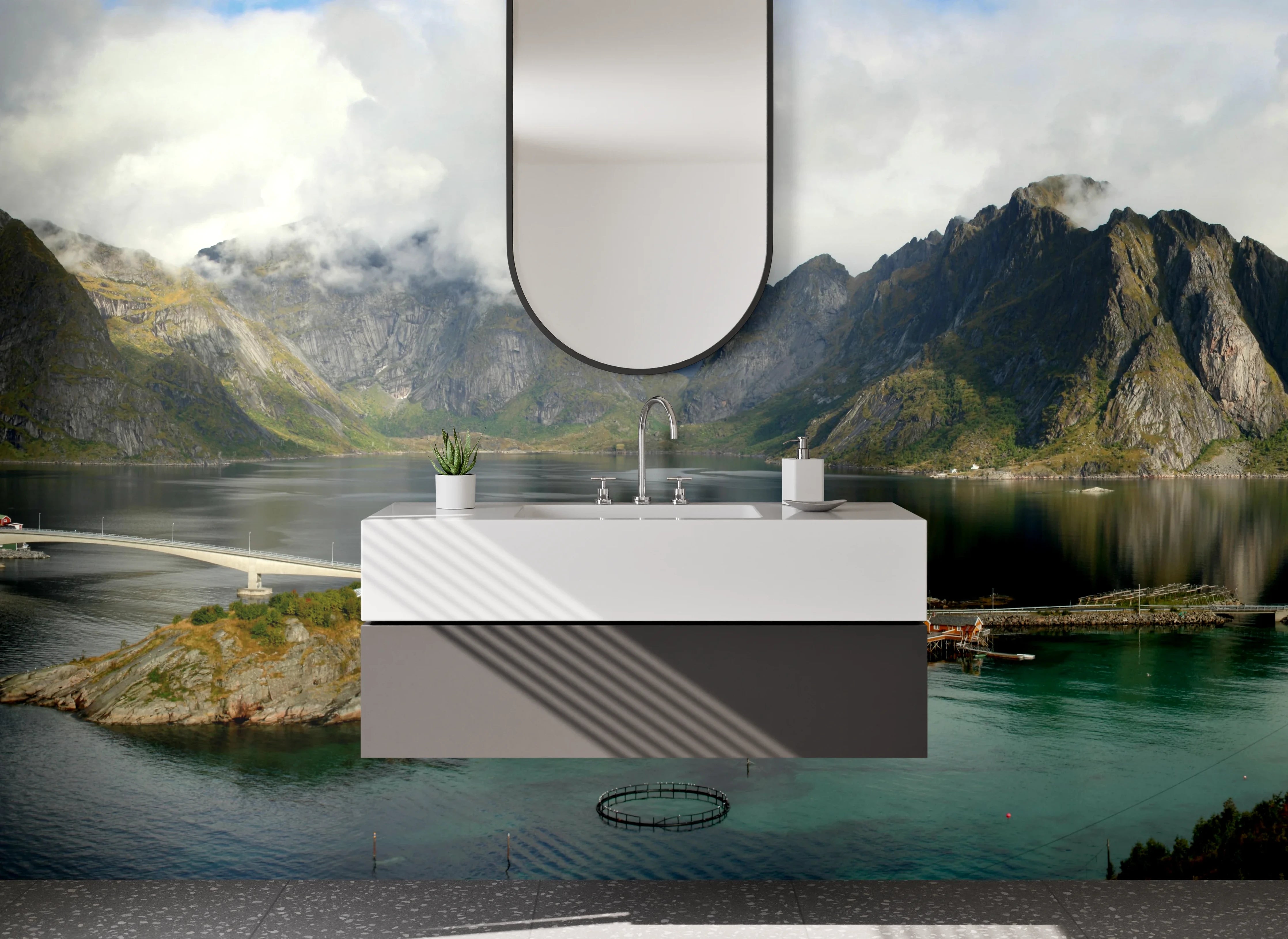 Waschbecken-Rückwand - Majestätische Berglandschaft am Fjord