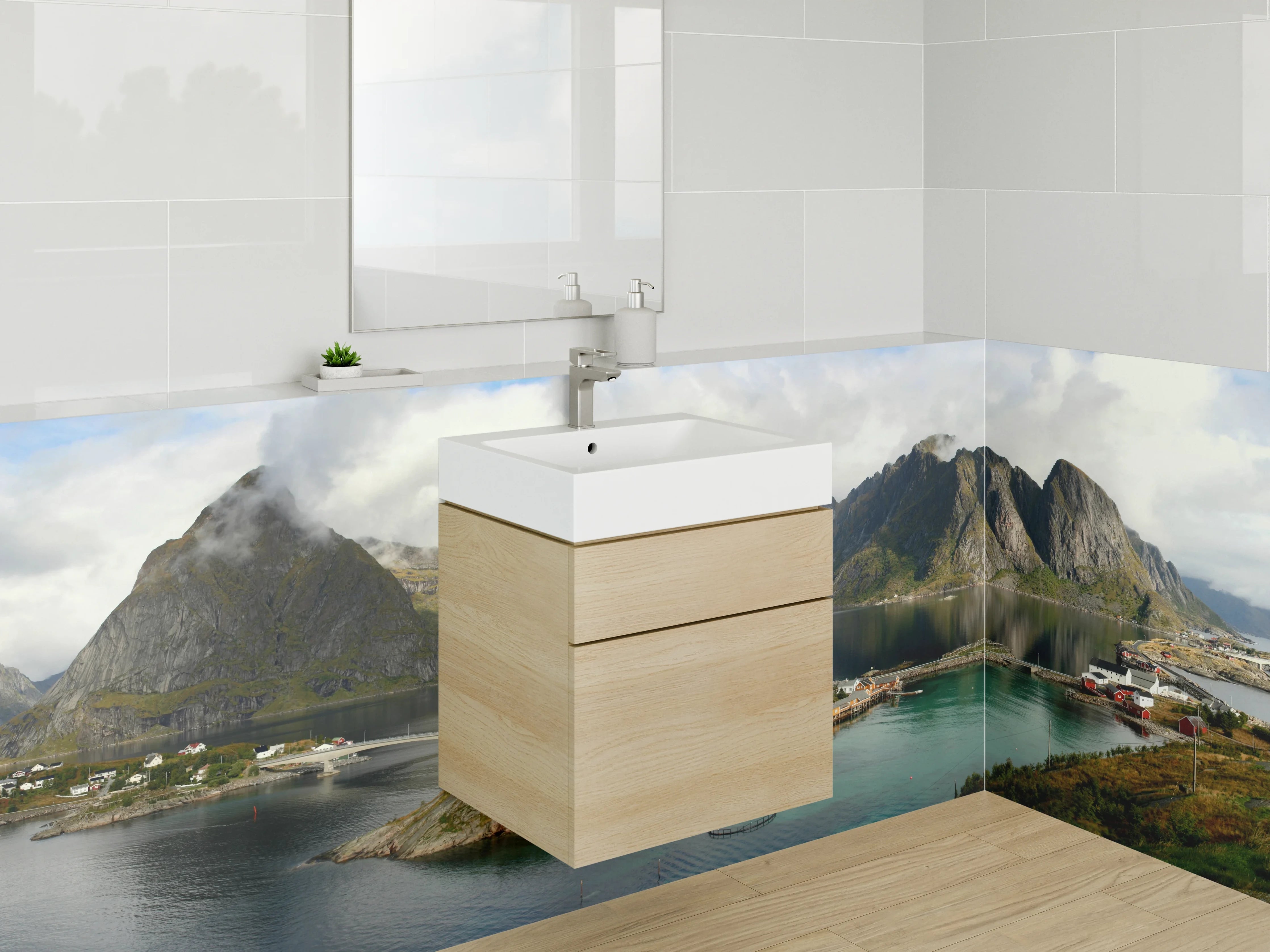 Waschbecken-Rückwand - Majestätische Berglandschaft am Fjord