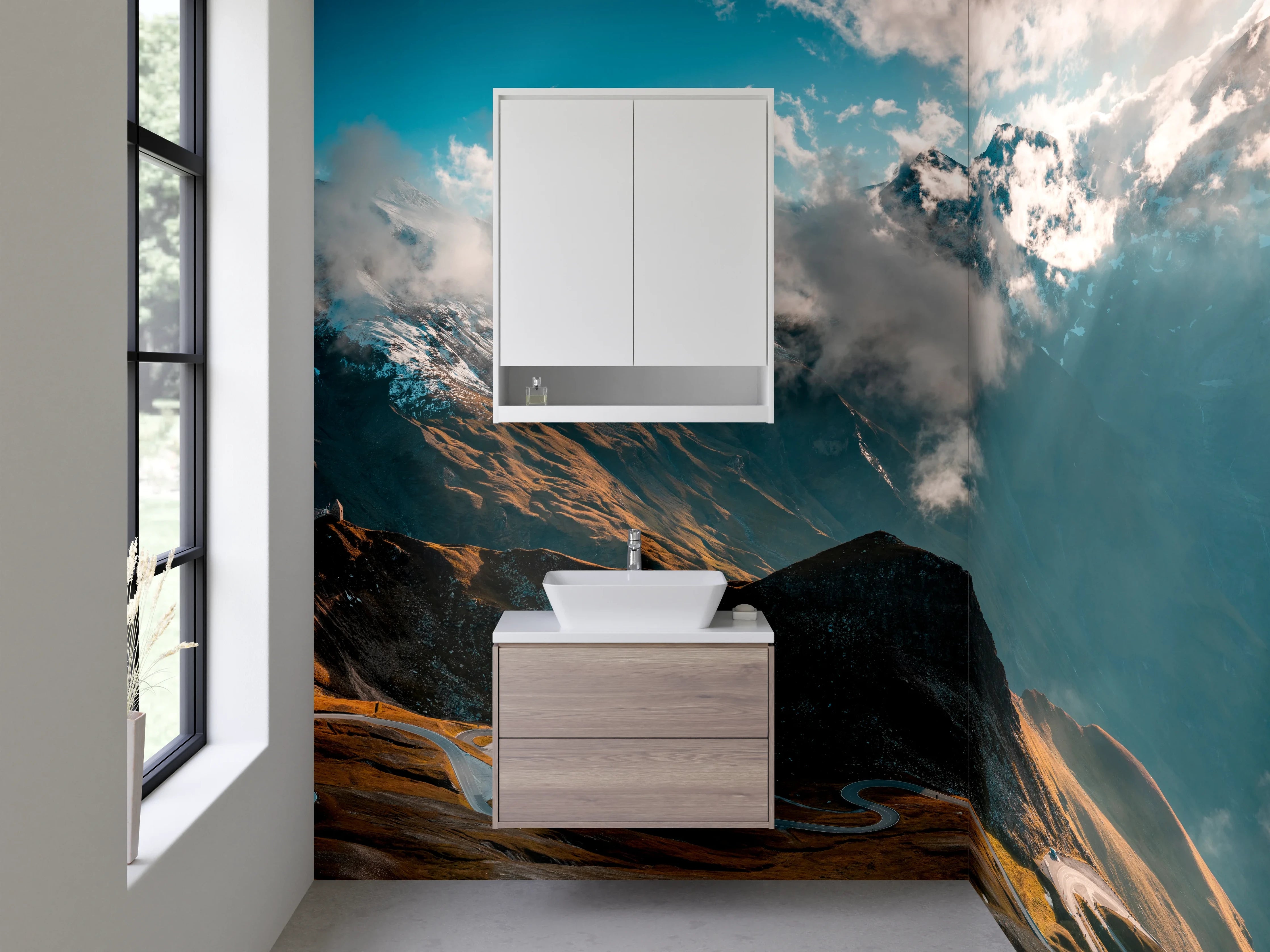 Waschbecken-Rückwand - Majestätische Berglandschaft mit Wolken und Sonnenstrahlen