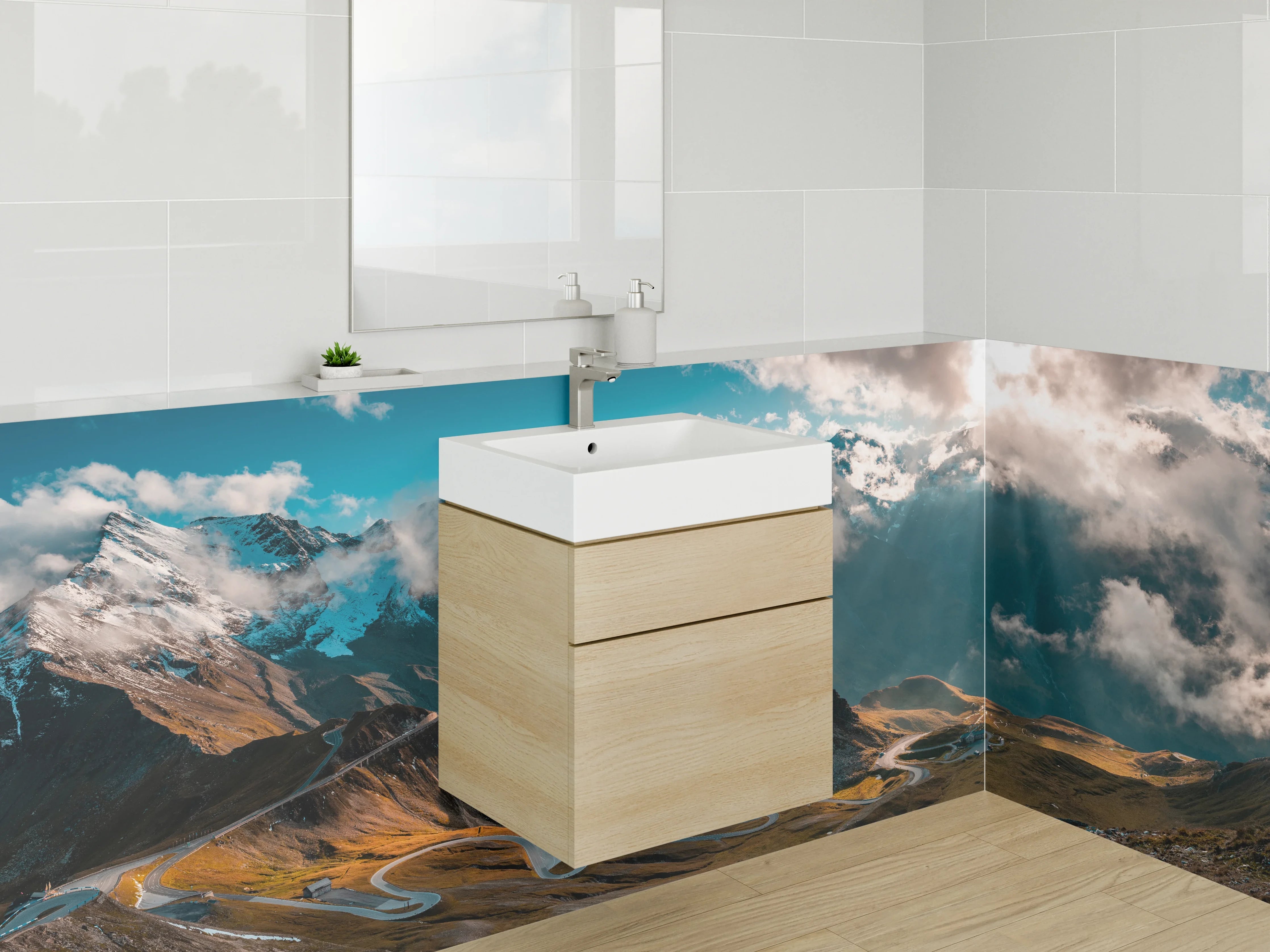 Waschbecken-Rückwand - Majestätische Berglandschaft mit Wolken und Sonnenstrahlen