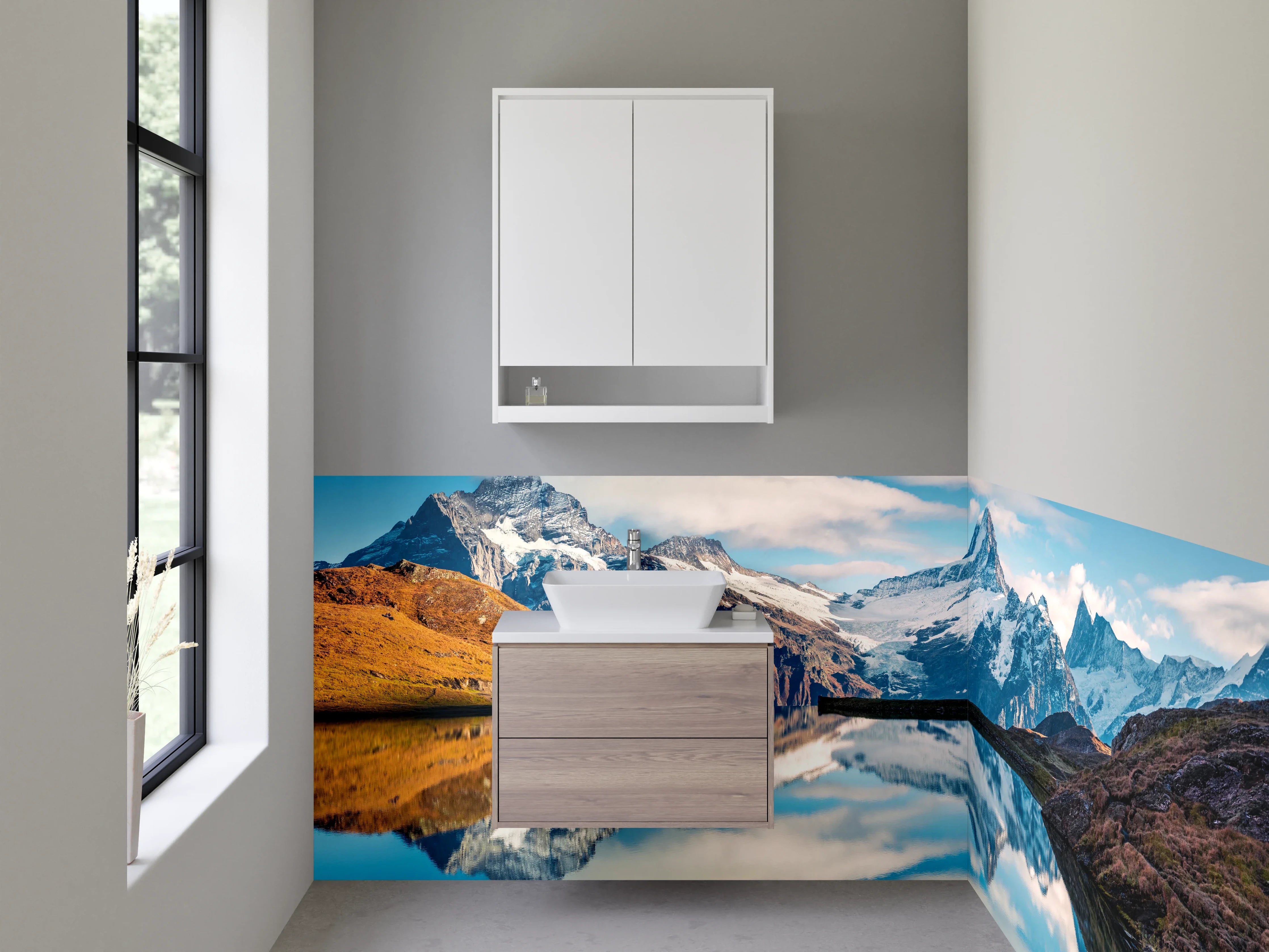 Waschbecken-Rückwand - Majestätische Bergwelt und spiegelnder See
