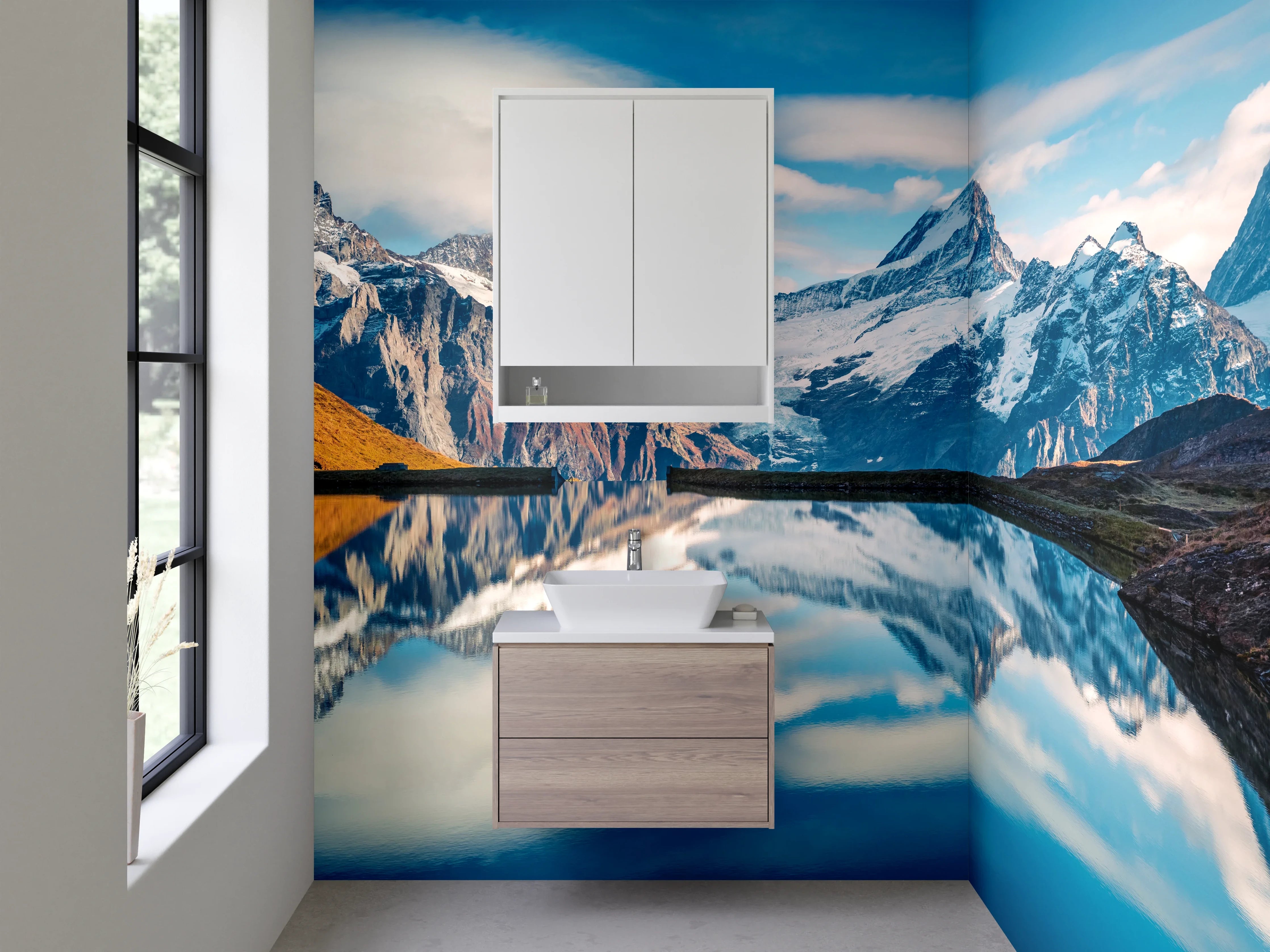 Waschbecken-Rückwand - Majestätische Bergwelt und spiegelnder See