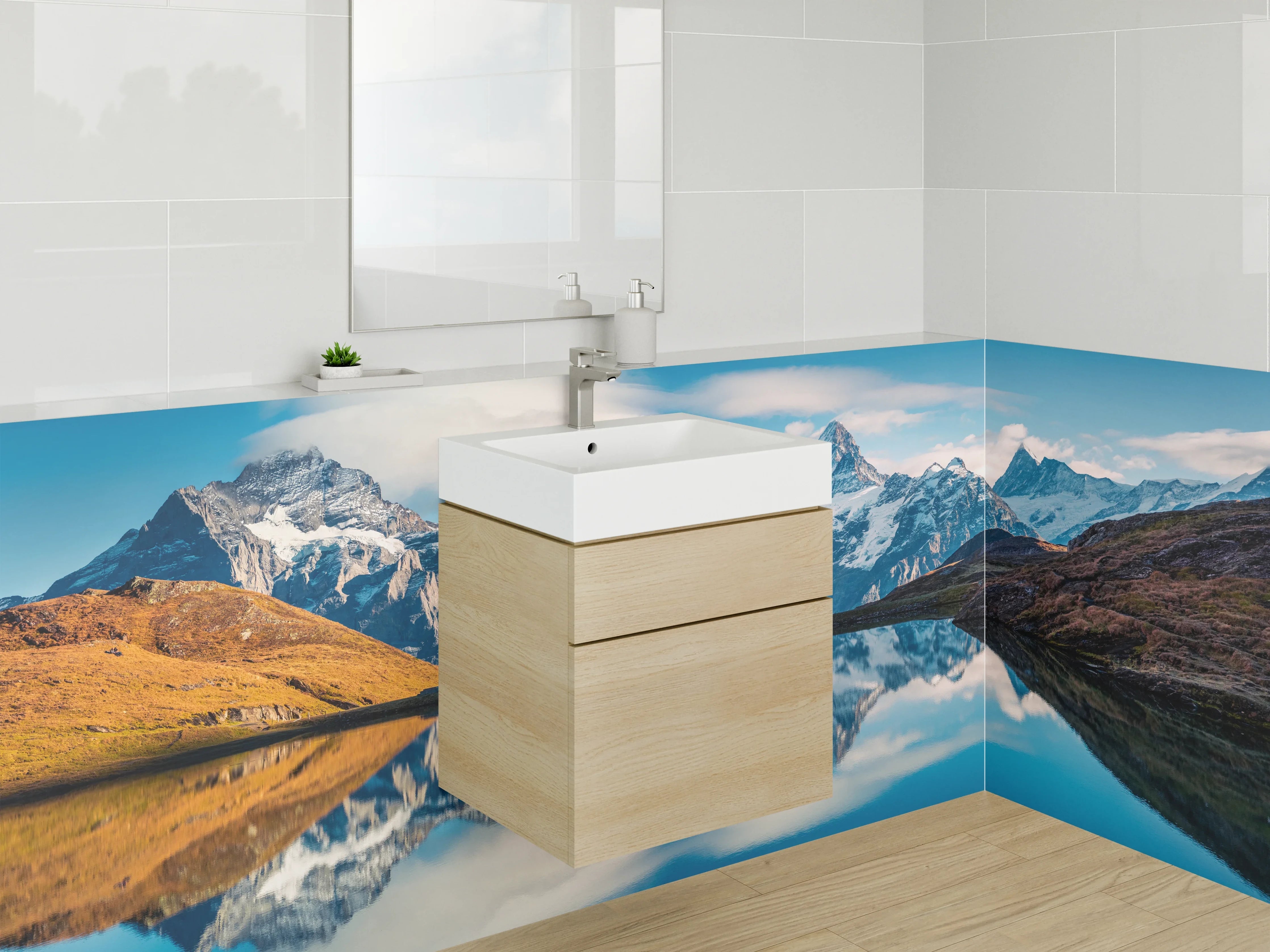 Waschbecken-Rückwand - Majestätische Bergwelt und spiegelnder See