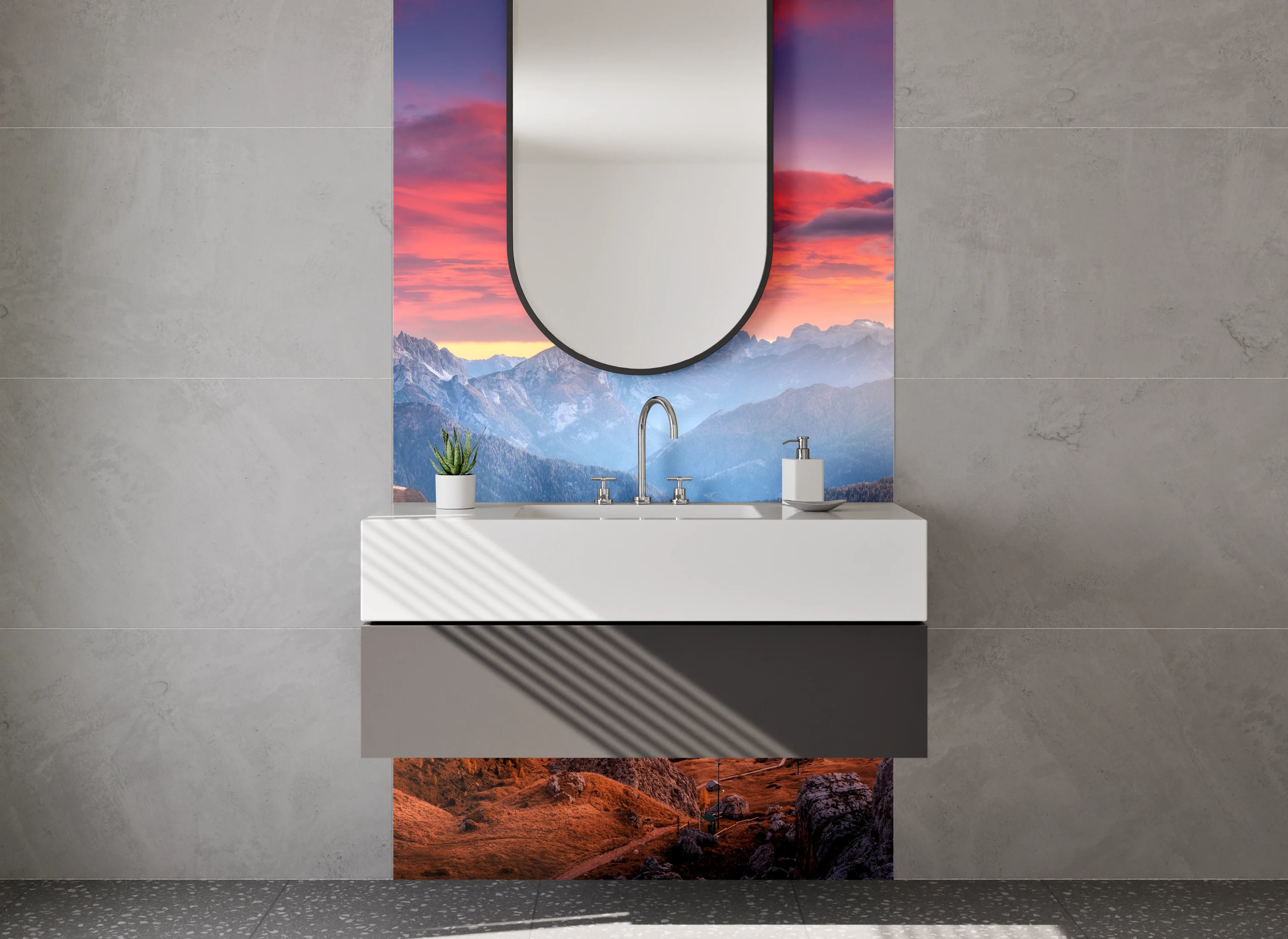 Waschbecken-Rückwand - Majestätische Gipfel im Abendlicht
