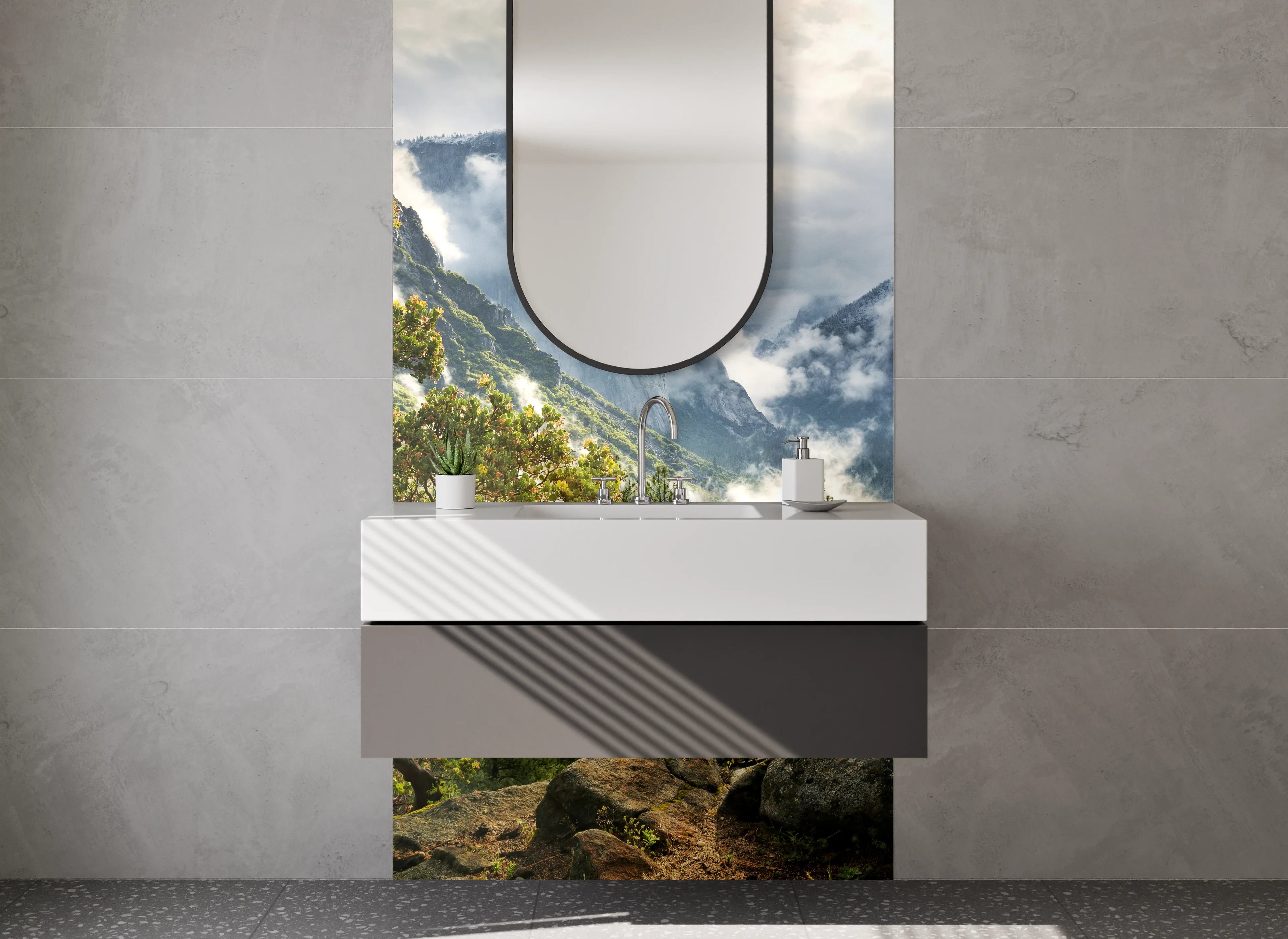 Waschbecken-Rückwand - Majestätische Gipfel und grüne Wälder