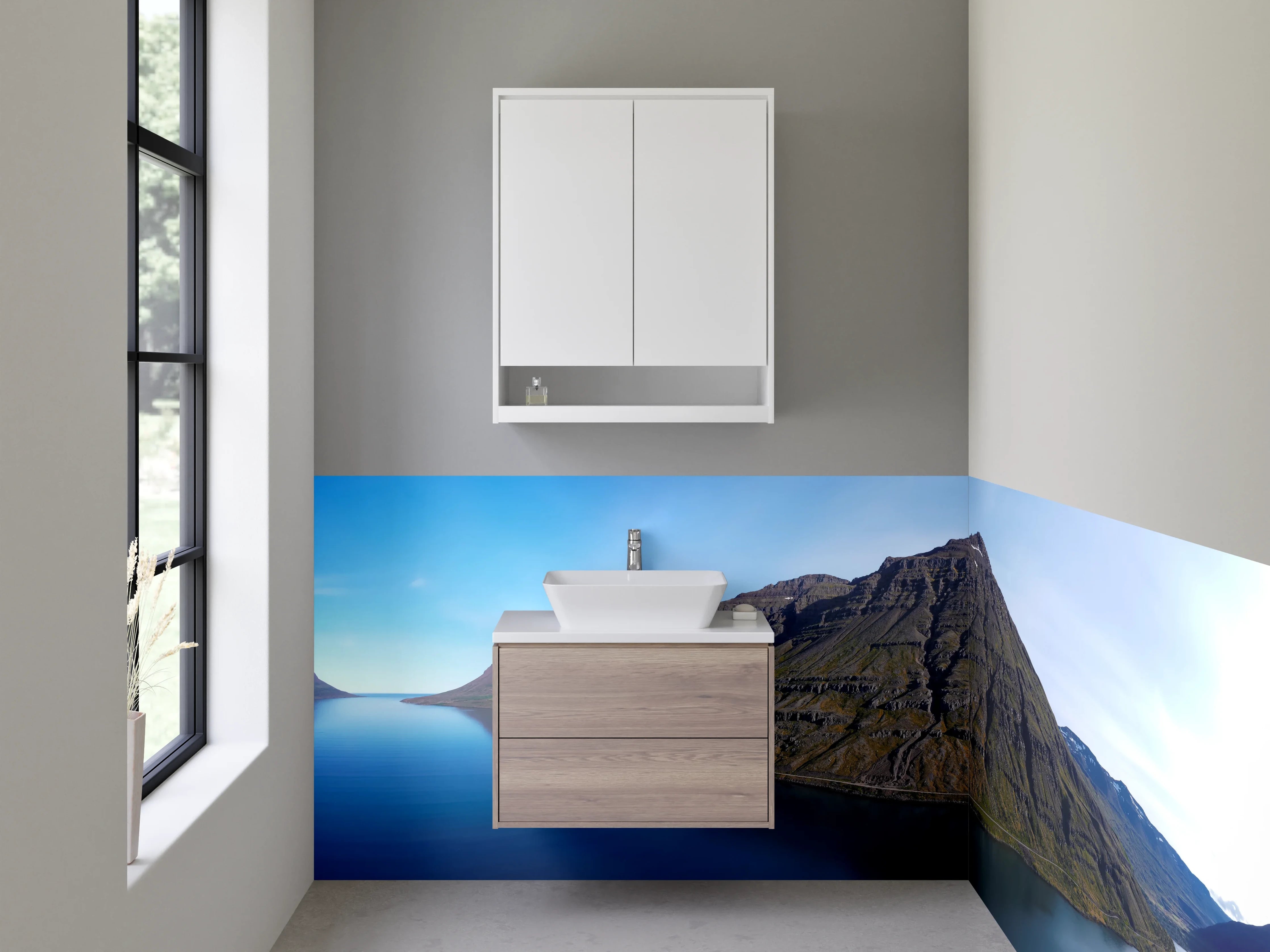 Waschbecken-Rückwand - Majestätischer Berg am See mit klarem Himmel