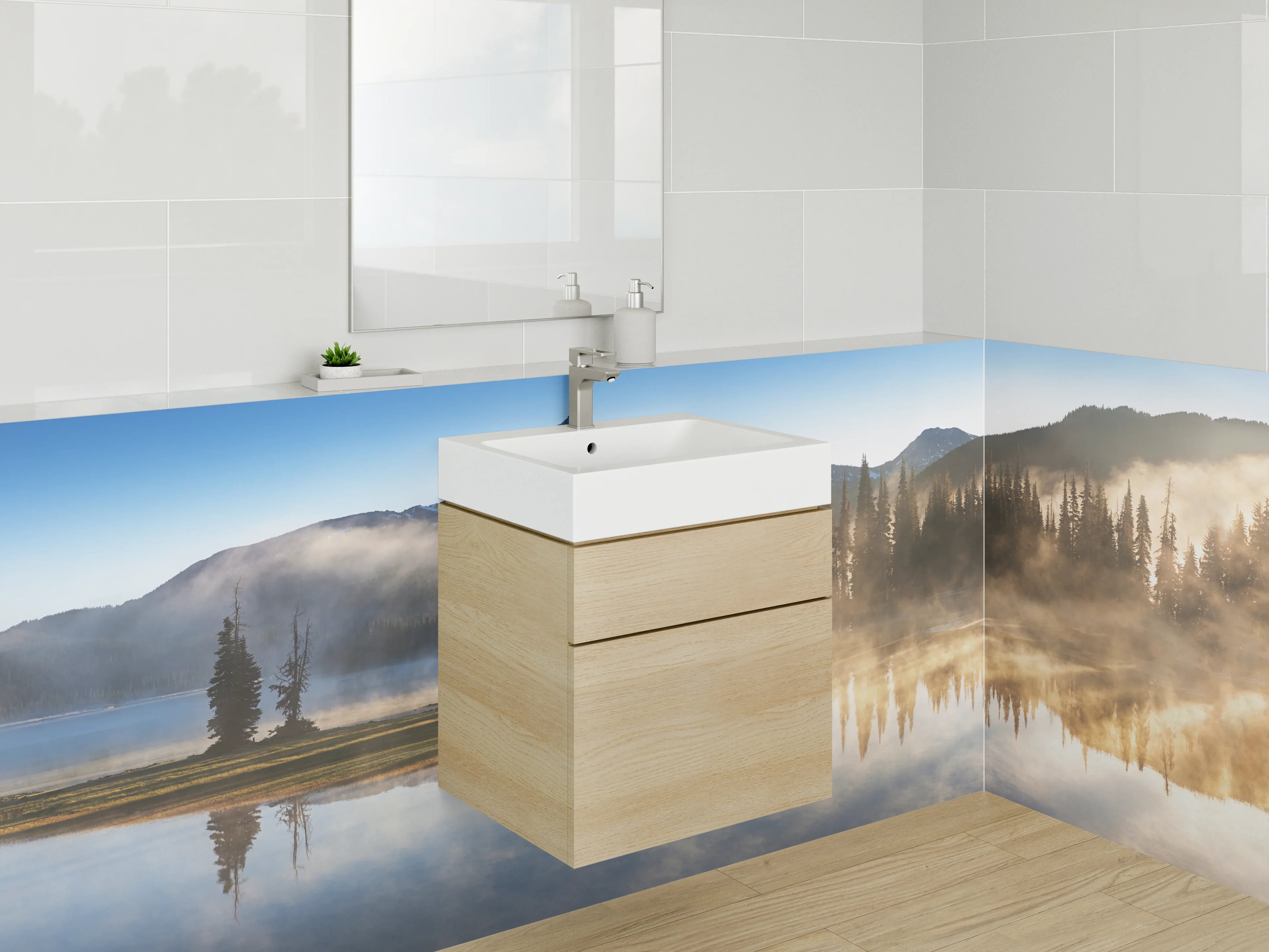 Waschbecken-Rückwand - Majestätischer Bergsee mit Bergpanorama