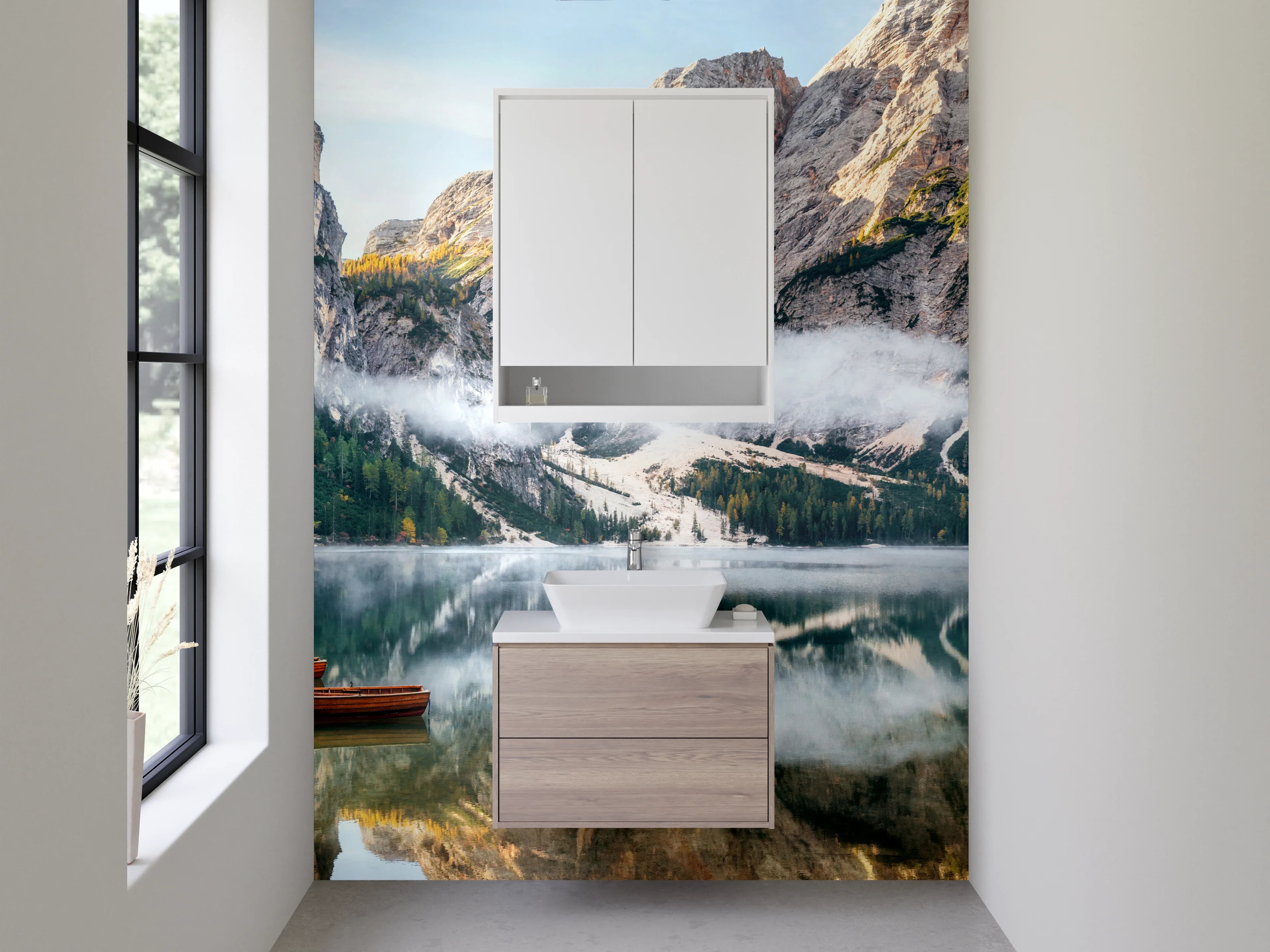 Waschbecken-Rückwand - Majestätischer Bergsee mit ruhigem Wasser