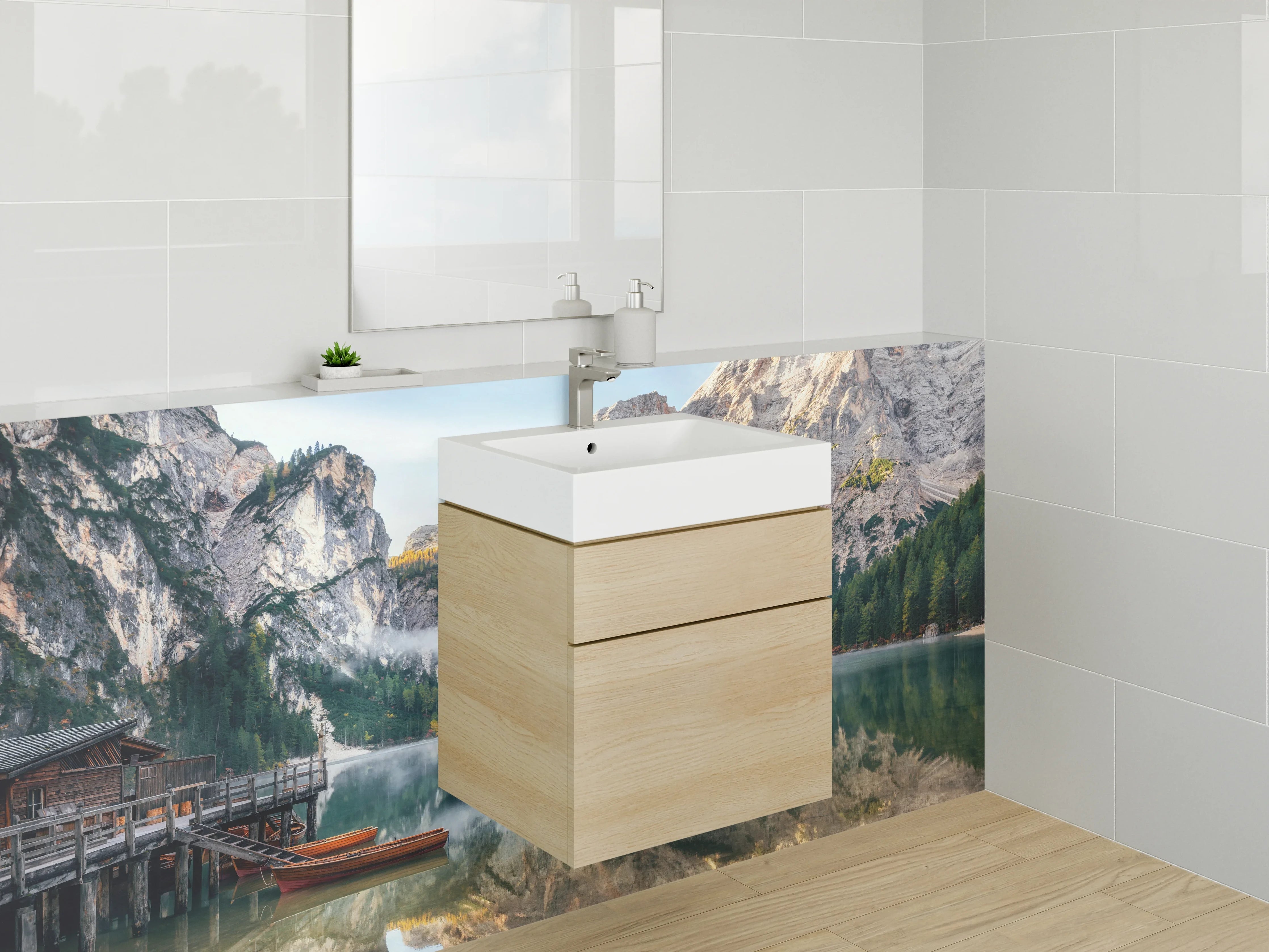 Waschbecken-Rückwand - Majestätischer Bergsee mit ruhigem Wasser