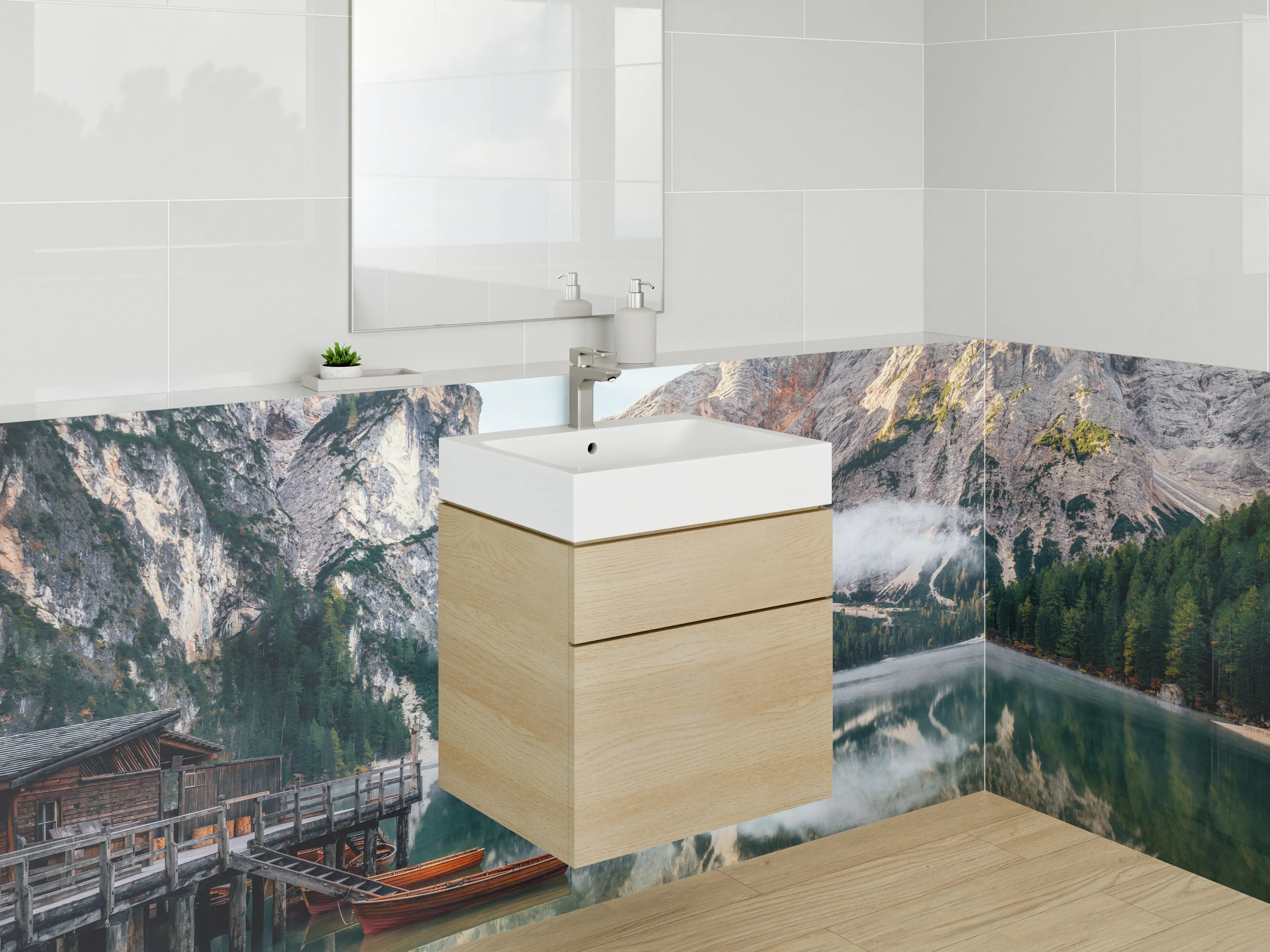 Waschbecken-Rückwand - Majestätischer Bergsee mit ruhigem Wasser