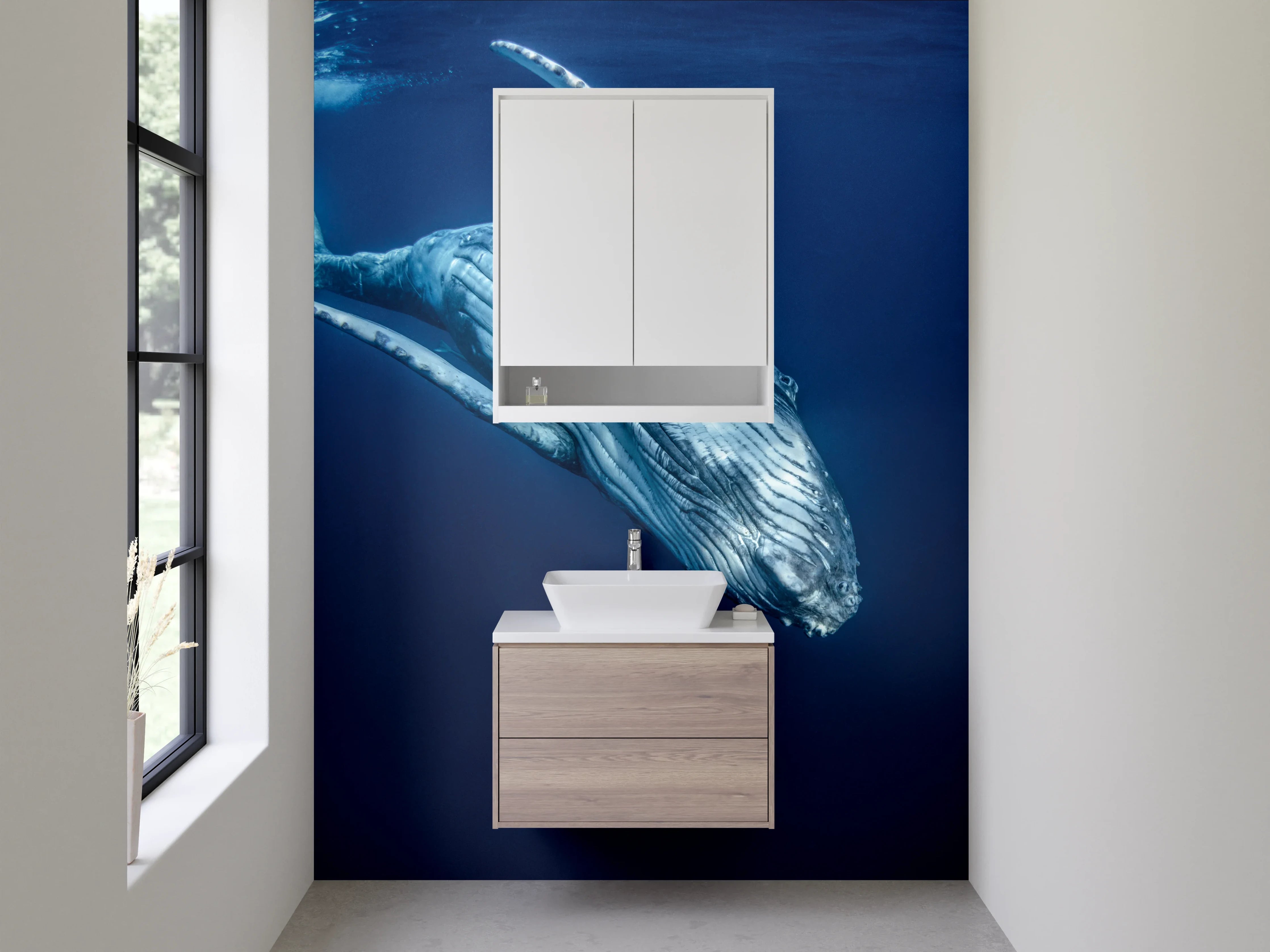 Waschbecken-Rückwand - Majestätischer Blauwal in tiefem Blau