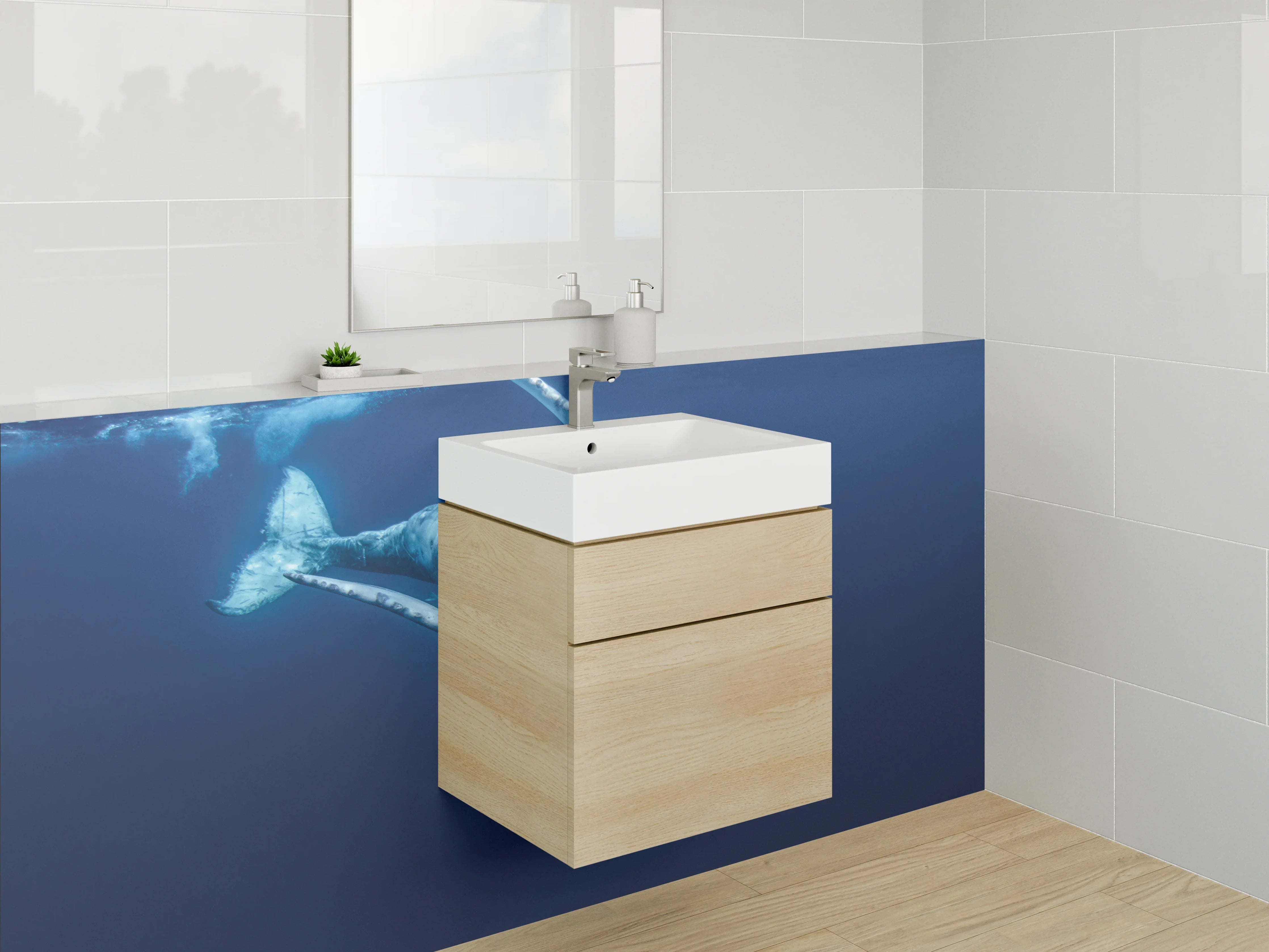 Waschbecken-Rückwand - Majestätischer Blauwal in tiefem Blau