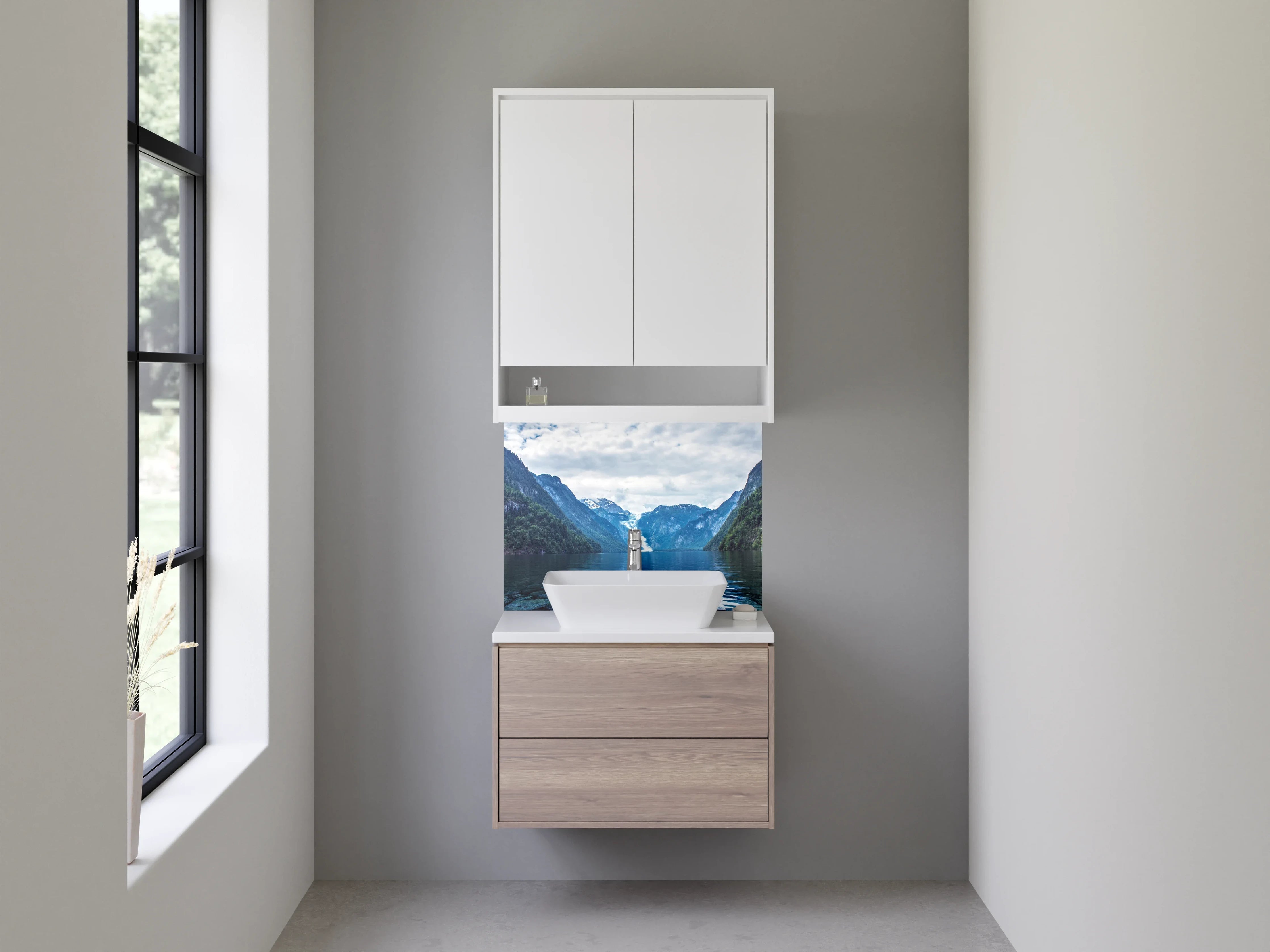 Waschbecken-Rückwand - Majestätischer Fjord mit schneebedeckten Bergen