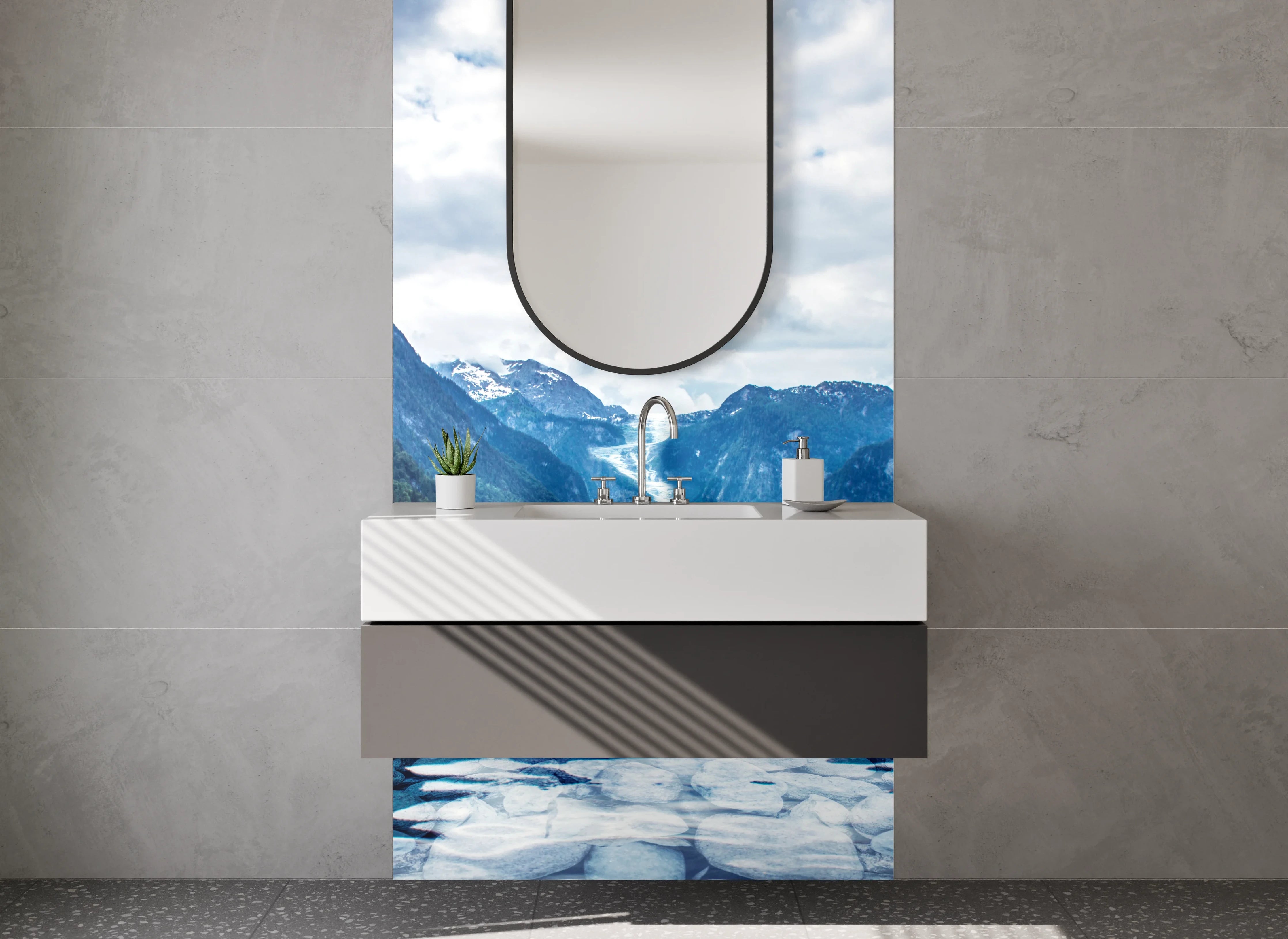 Waschbecken-Rückwand - Majestätischer Fjord mit schneebedeckten Bergen