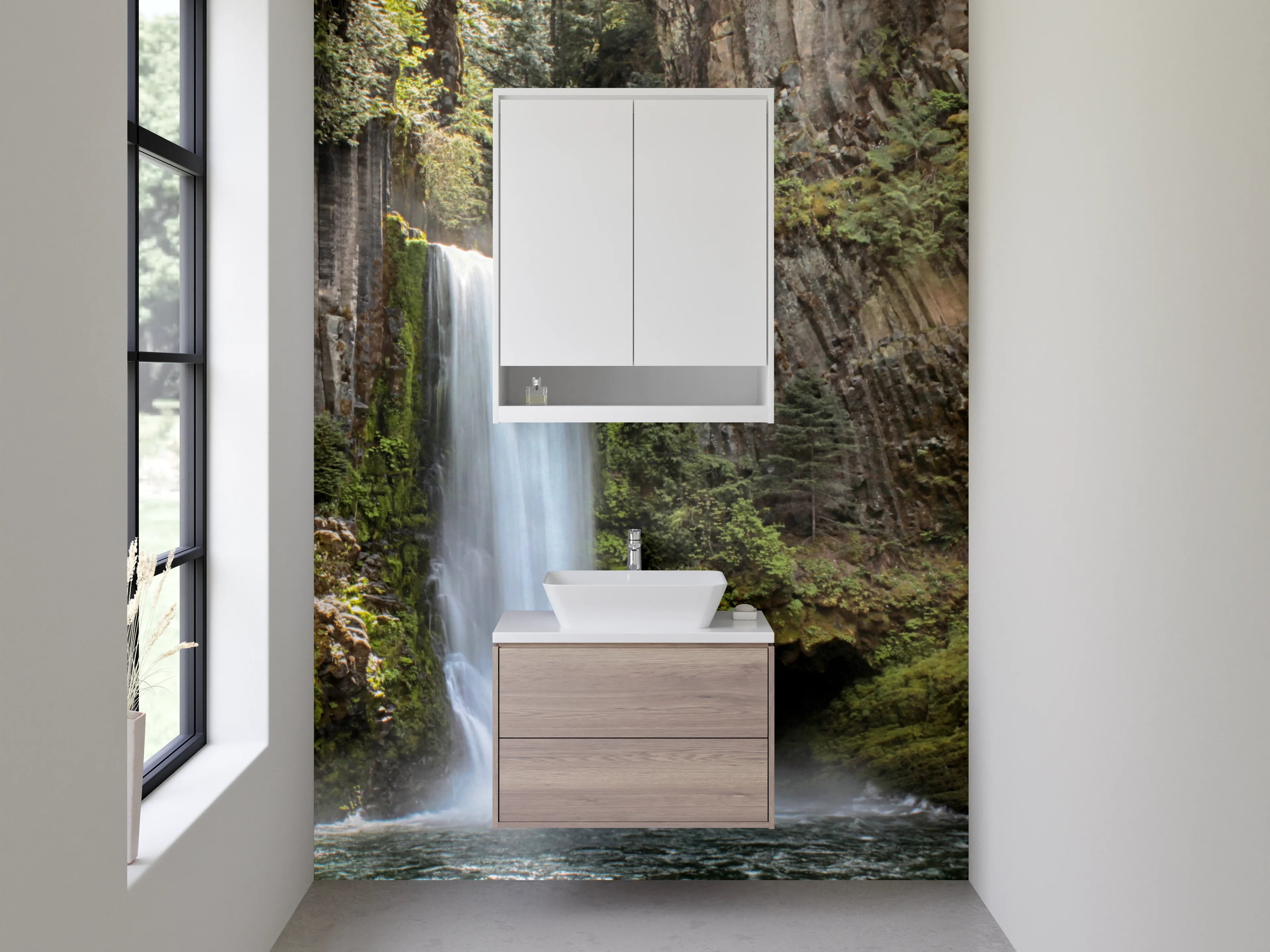 Waschbecken-Rückwand - Majestätischer Wasserfall Wald Panorama