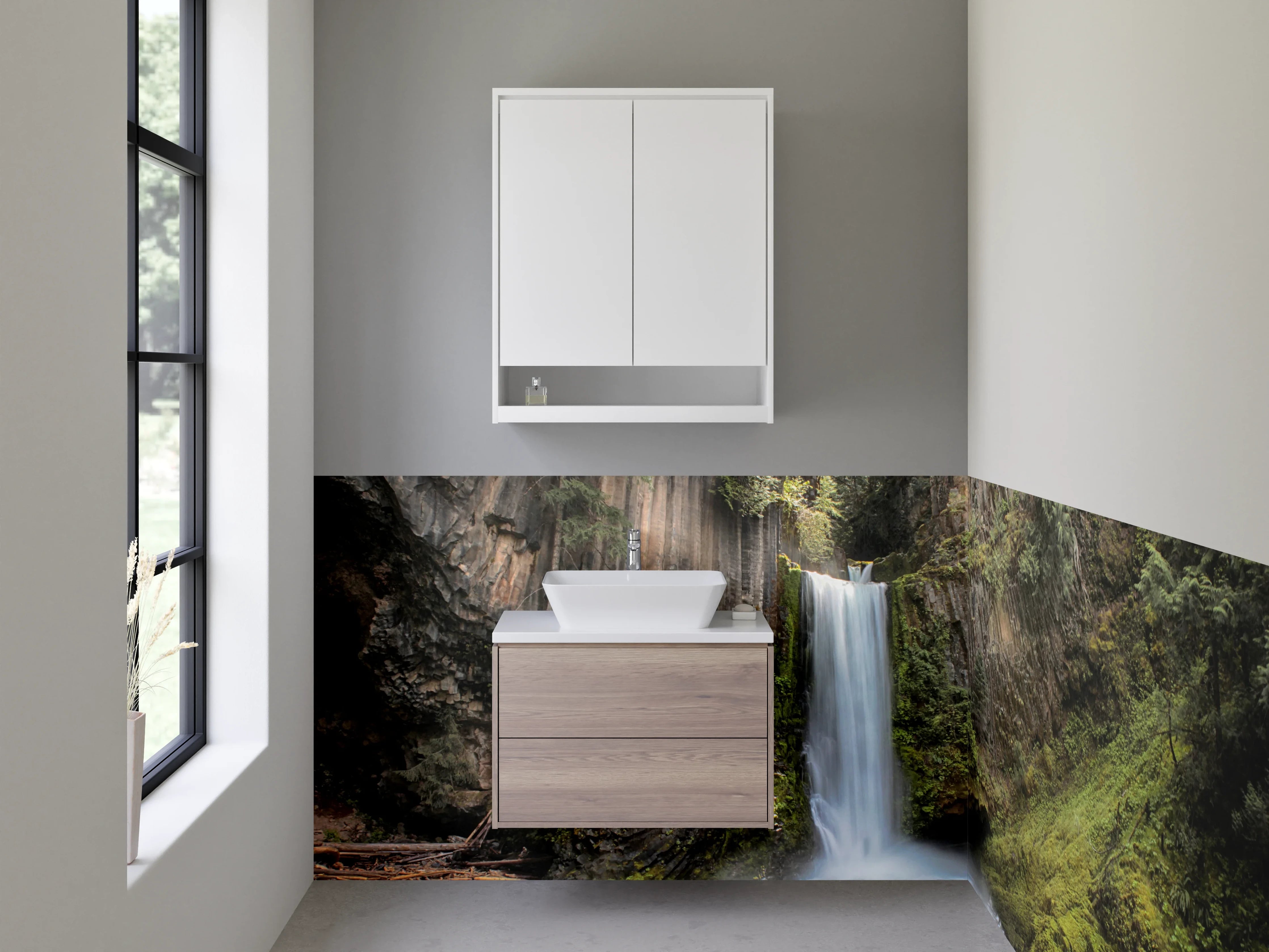 Waschbecken-Rückwand - Majestätischer Wasserfall Wald Panorama