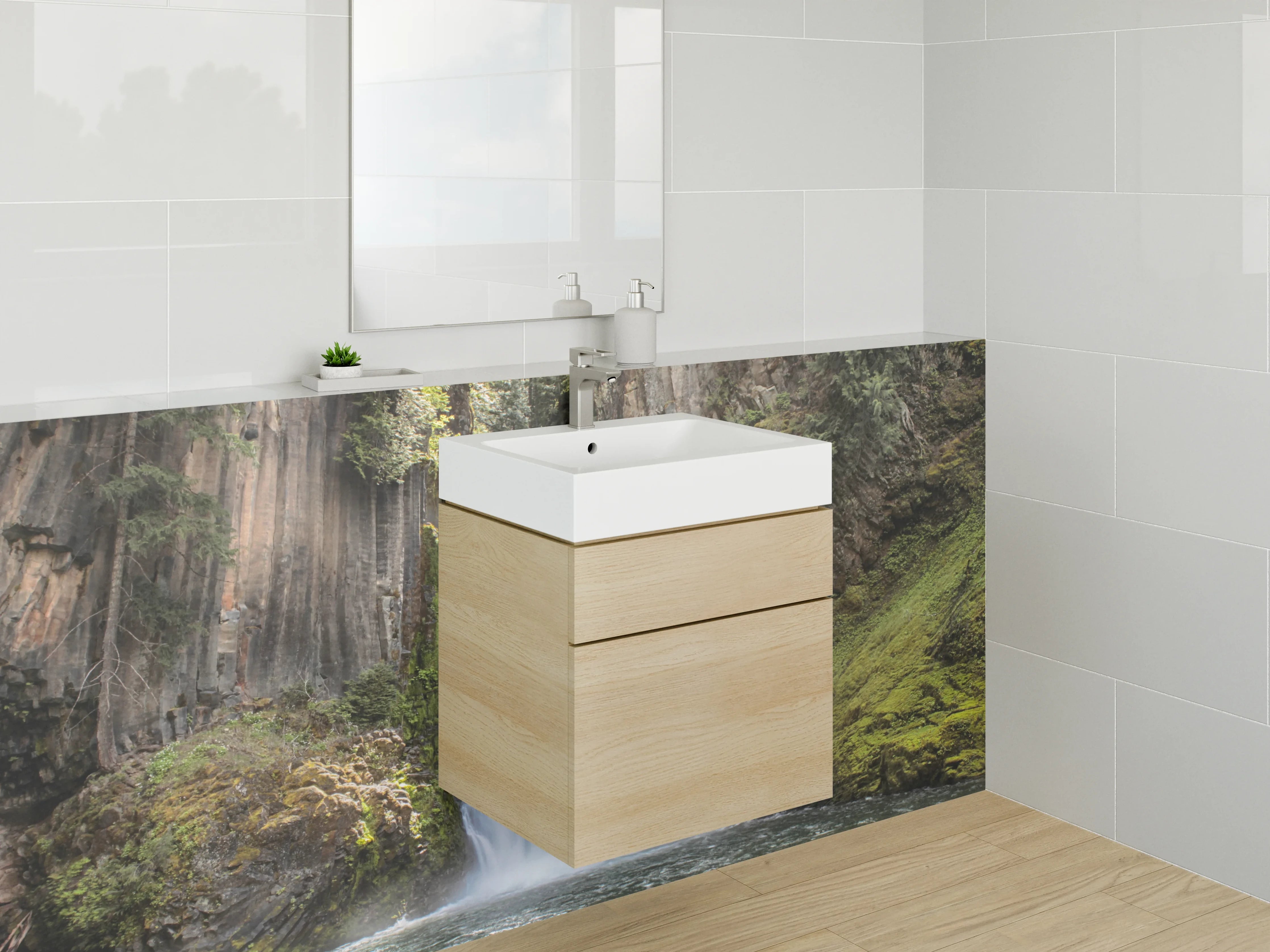 Waschbecken-Rückwand - Majestätischer Wasserfall Wald Panorama