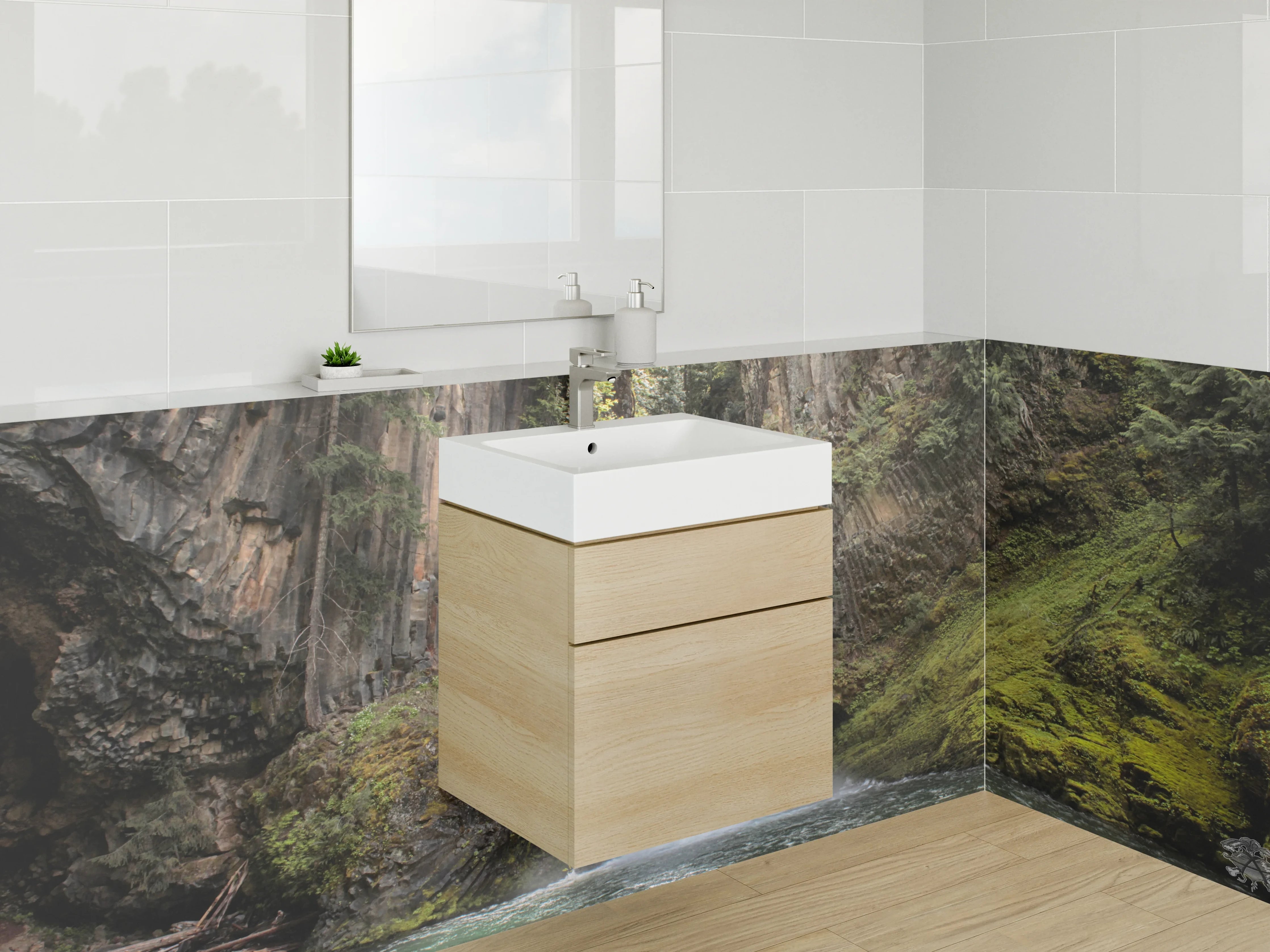 Waschbecken-Rückwand - Majestätischer Wasserfall Wald Panorama