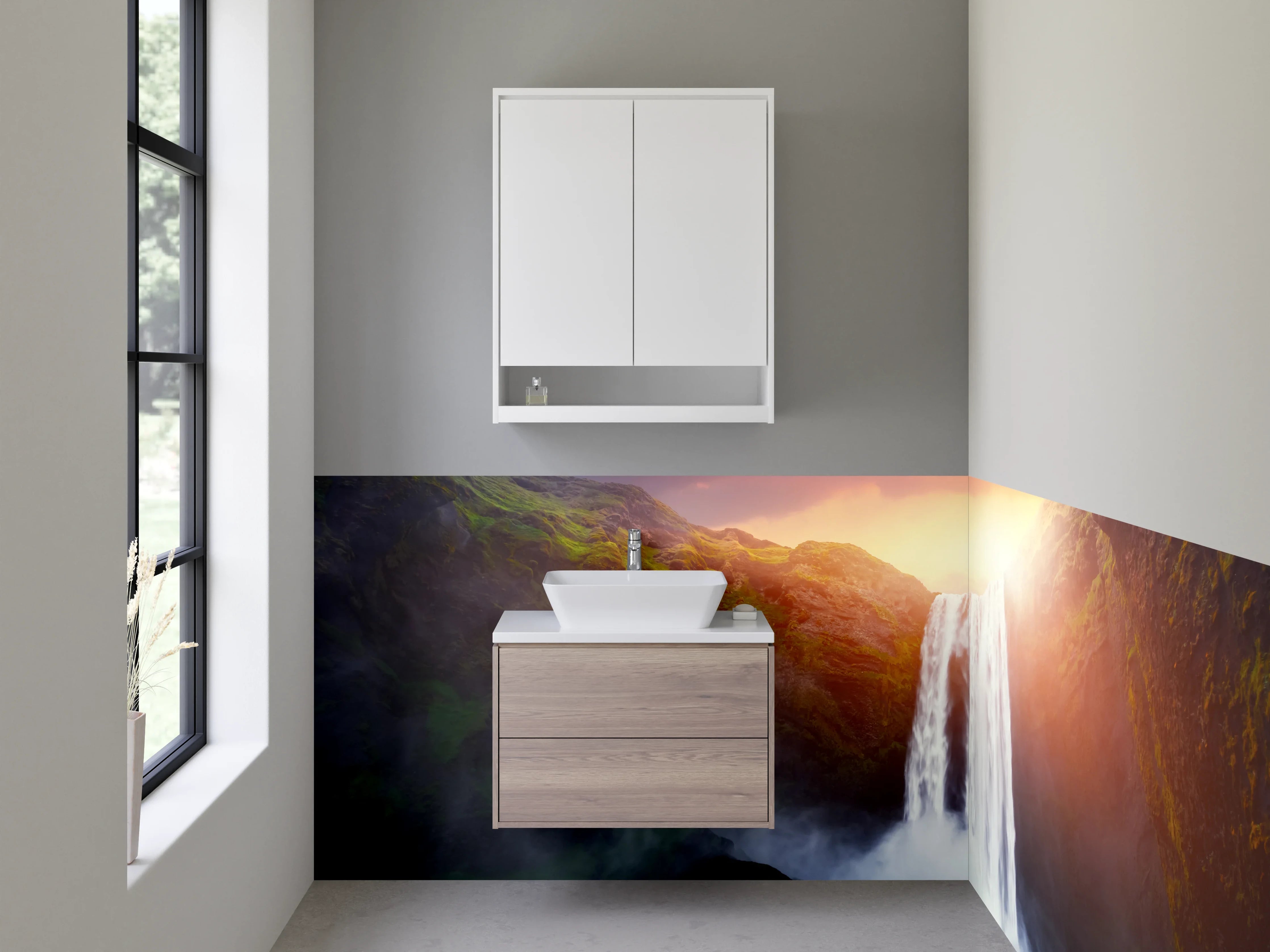 Waschbecken-Rückwand - Majestätischer Wasserfall im Sonnenuntergang