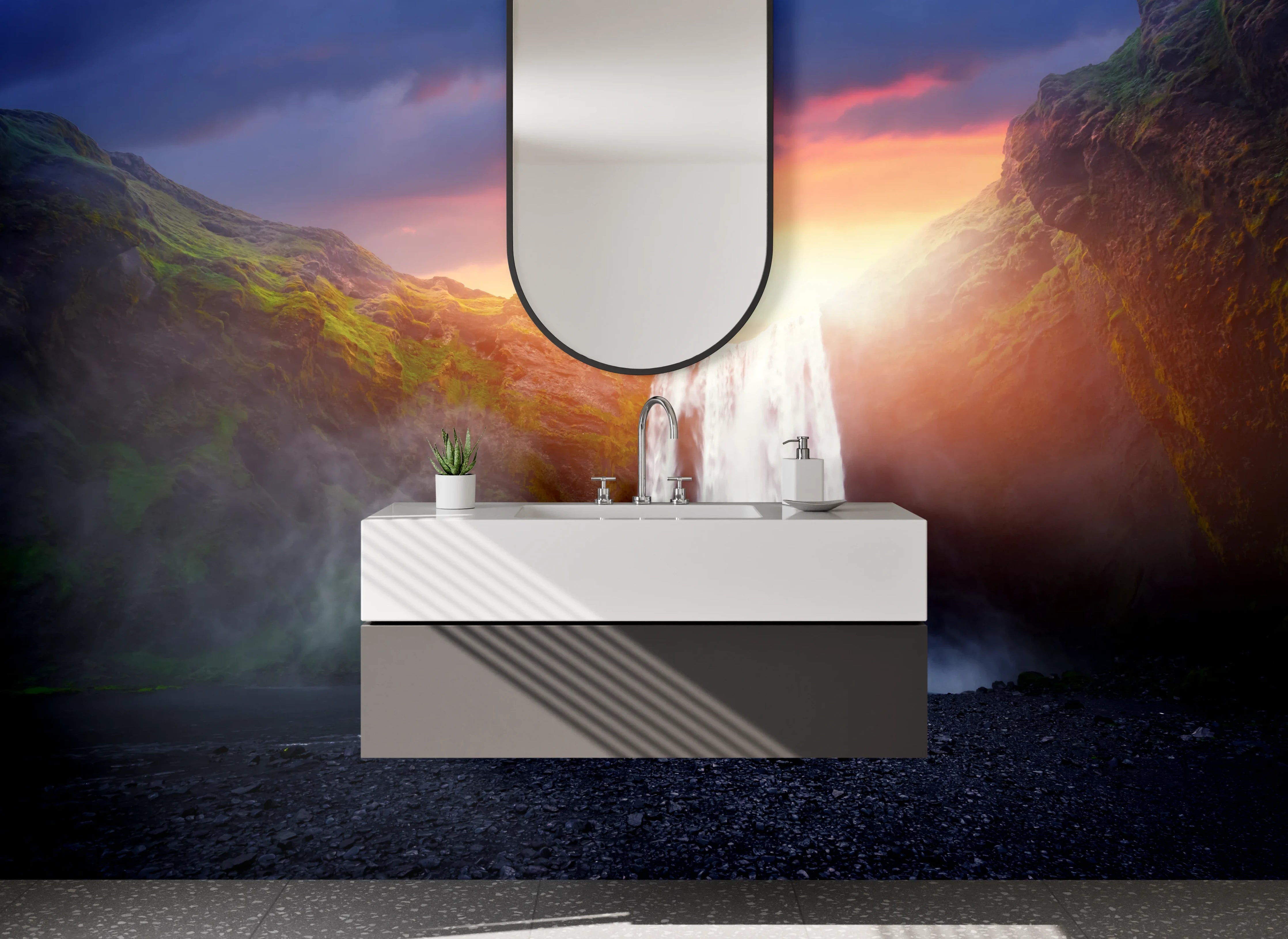 Waschbecken-Rückwand - Majestätischer Wasserfall im Sonnenuntergang