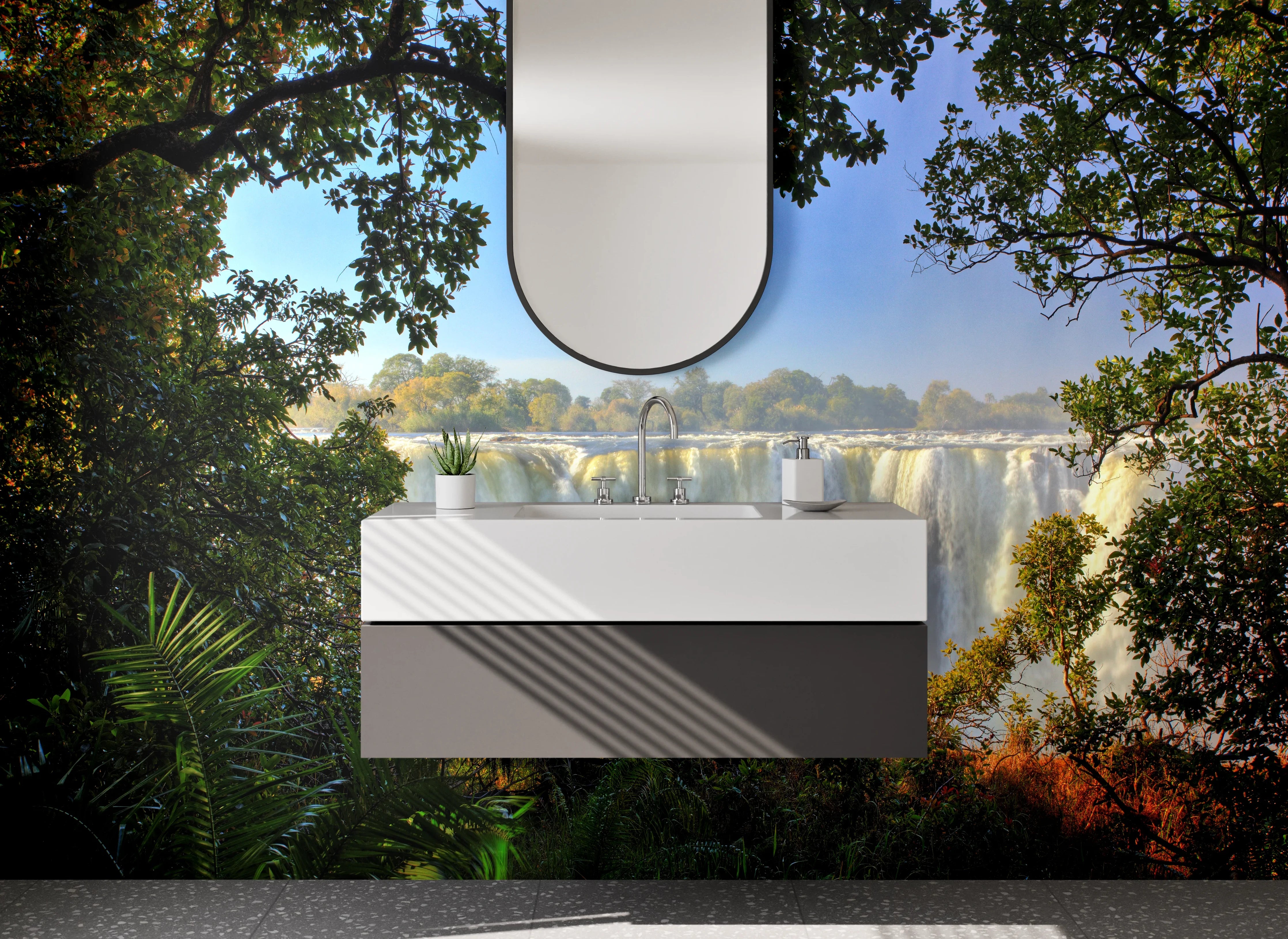 Waschbecken-Rückwand - Majestätischer Wasserfall mit Dschungelblick