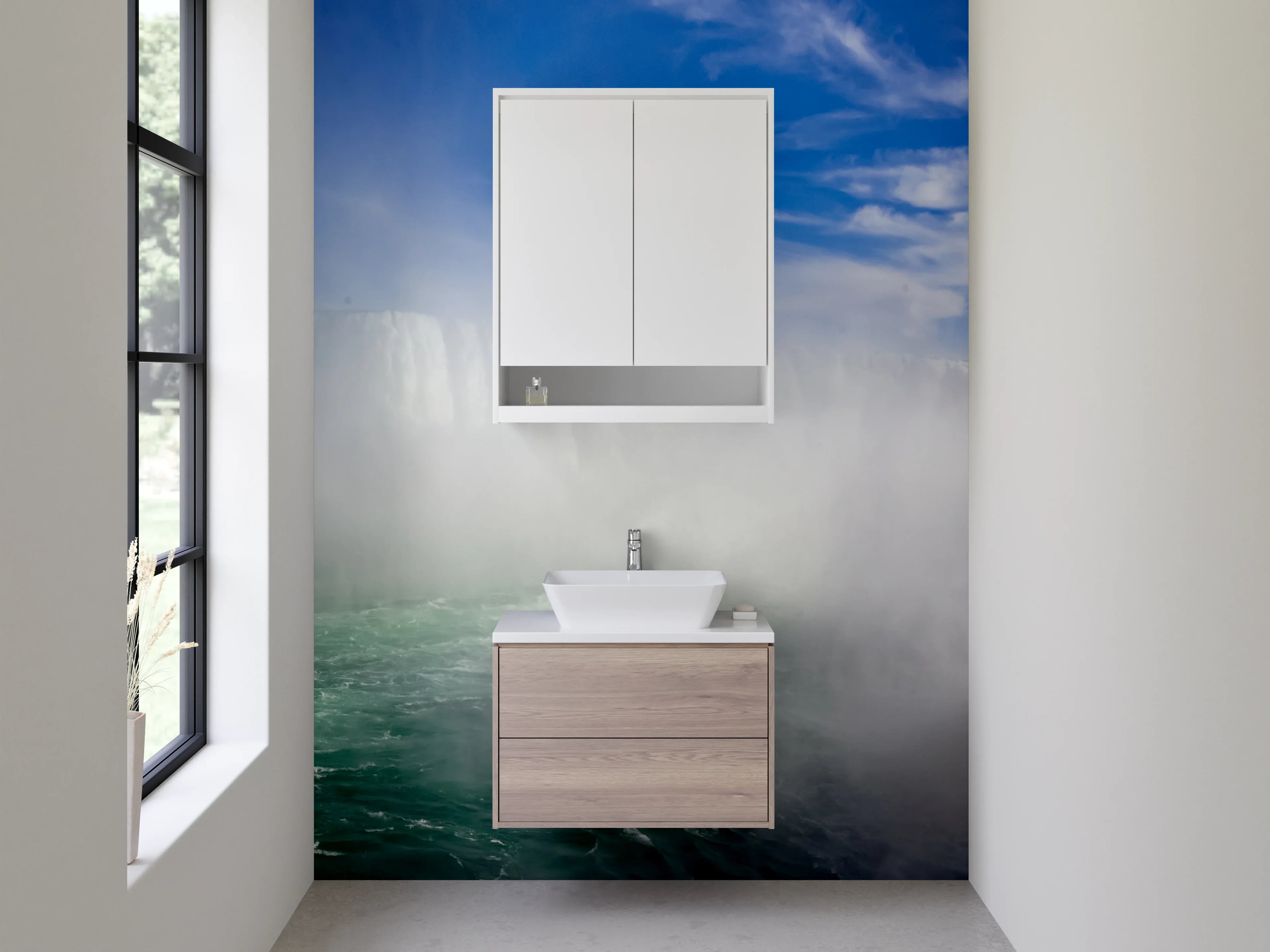 Waschbecken-Rückwand - Majestätischer Wasserfall mit Regenbogen