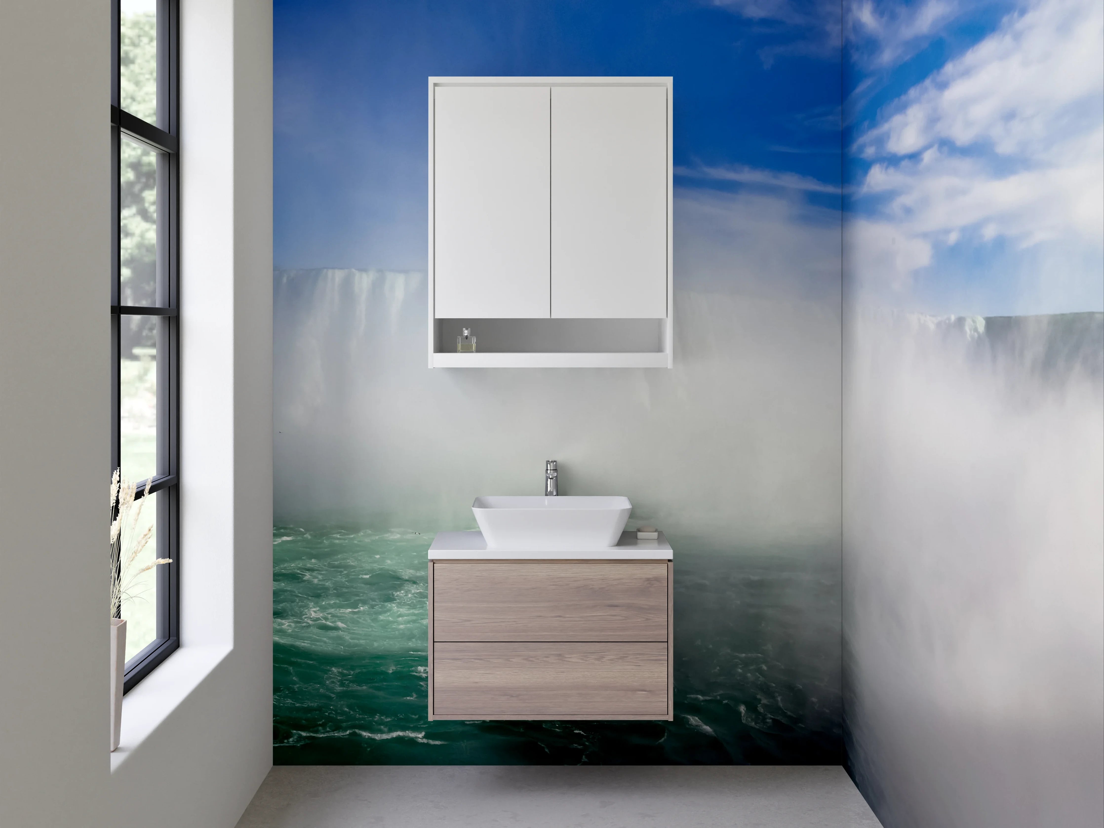 Waschbecken-Rückwand - Majestätischer Wasserfall mit Regenbogen