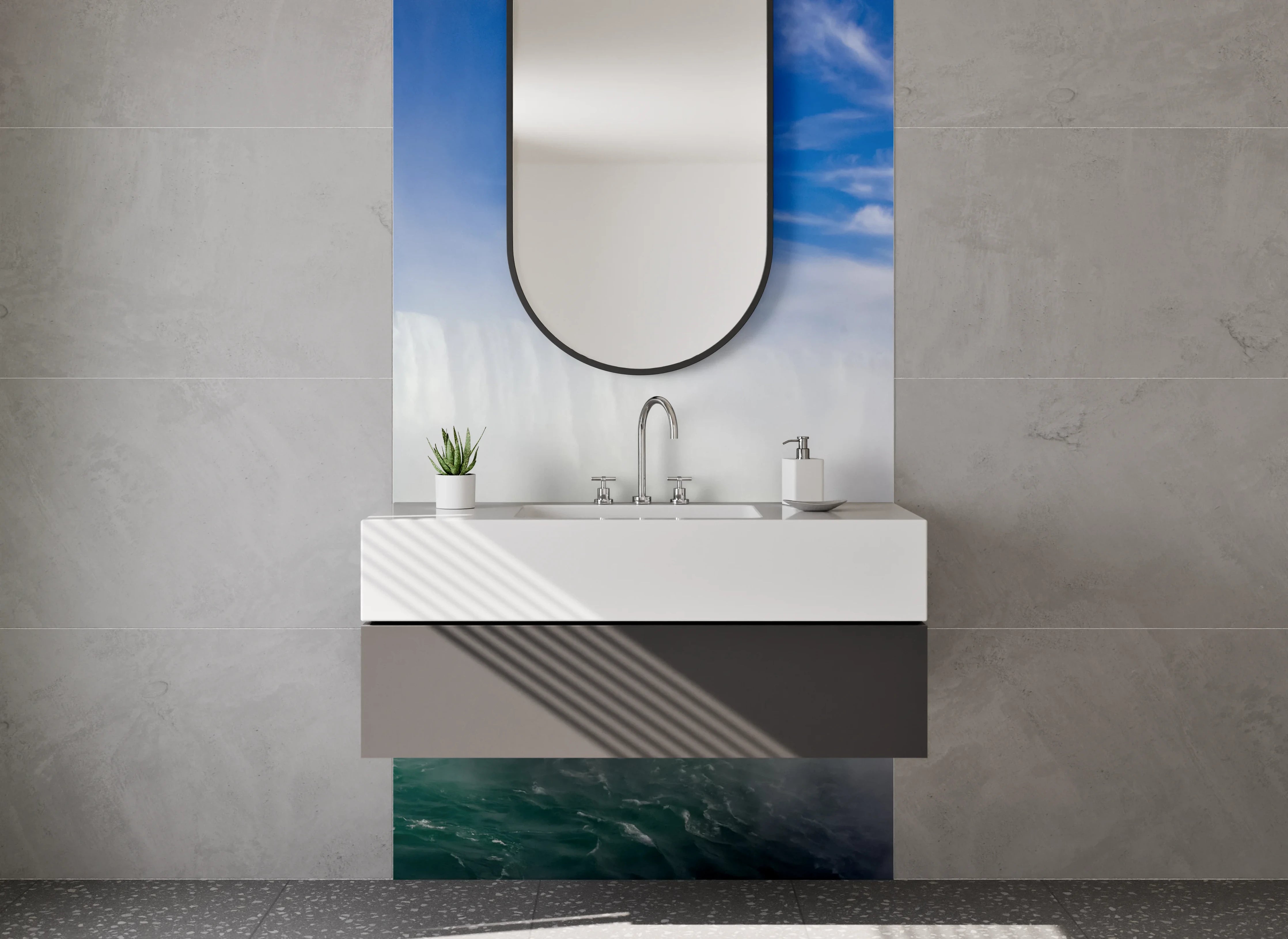 Waschbecken-Rückwand - Majestätischer Wasserfall mit Regenbogen