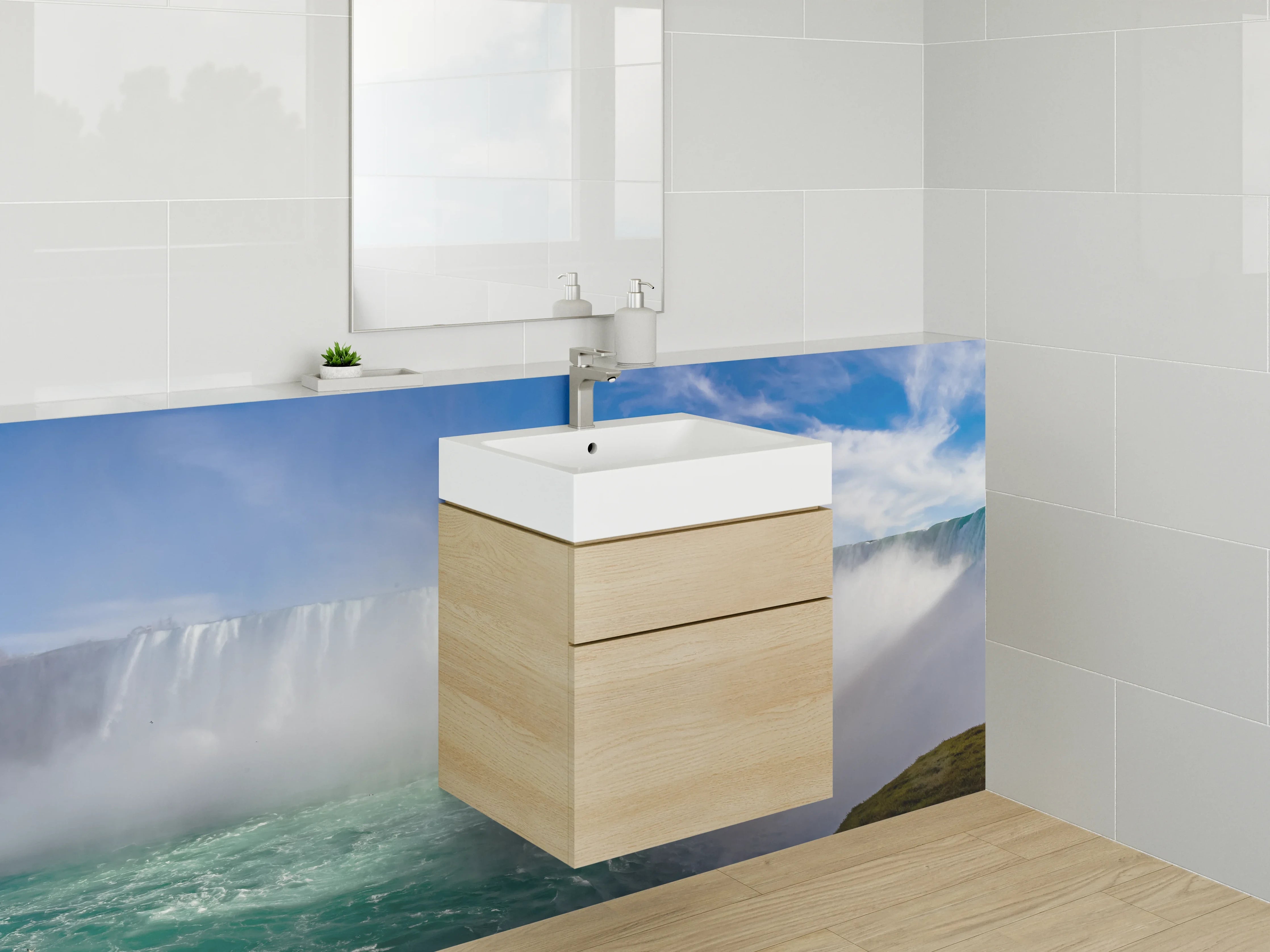 Waschbecken-Rückwand - Majestätischer Wasserfall mit Regenbogen