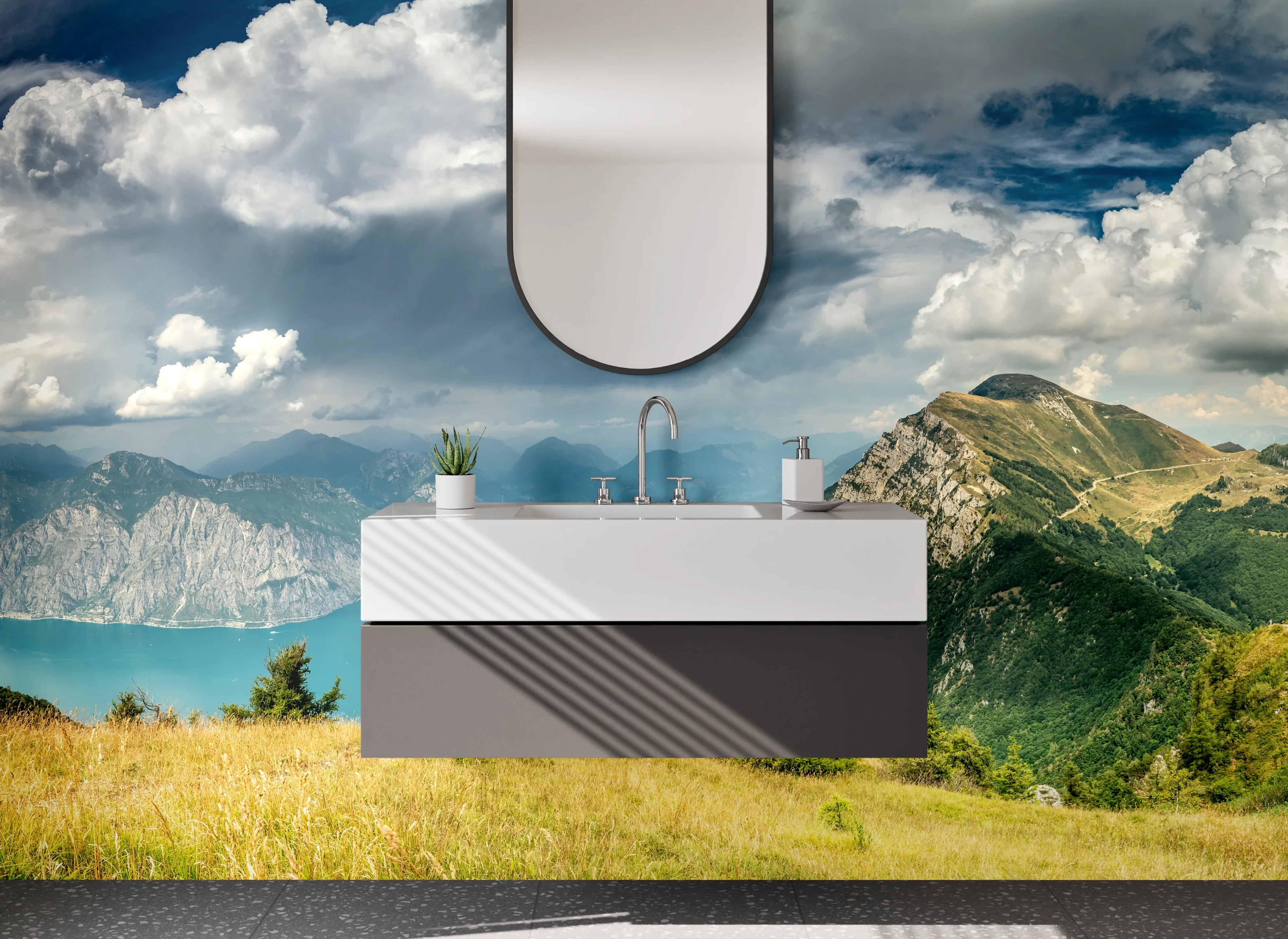 Waschbecken-Rückwand - Malerische Berg- und Seelandschaft