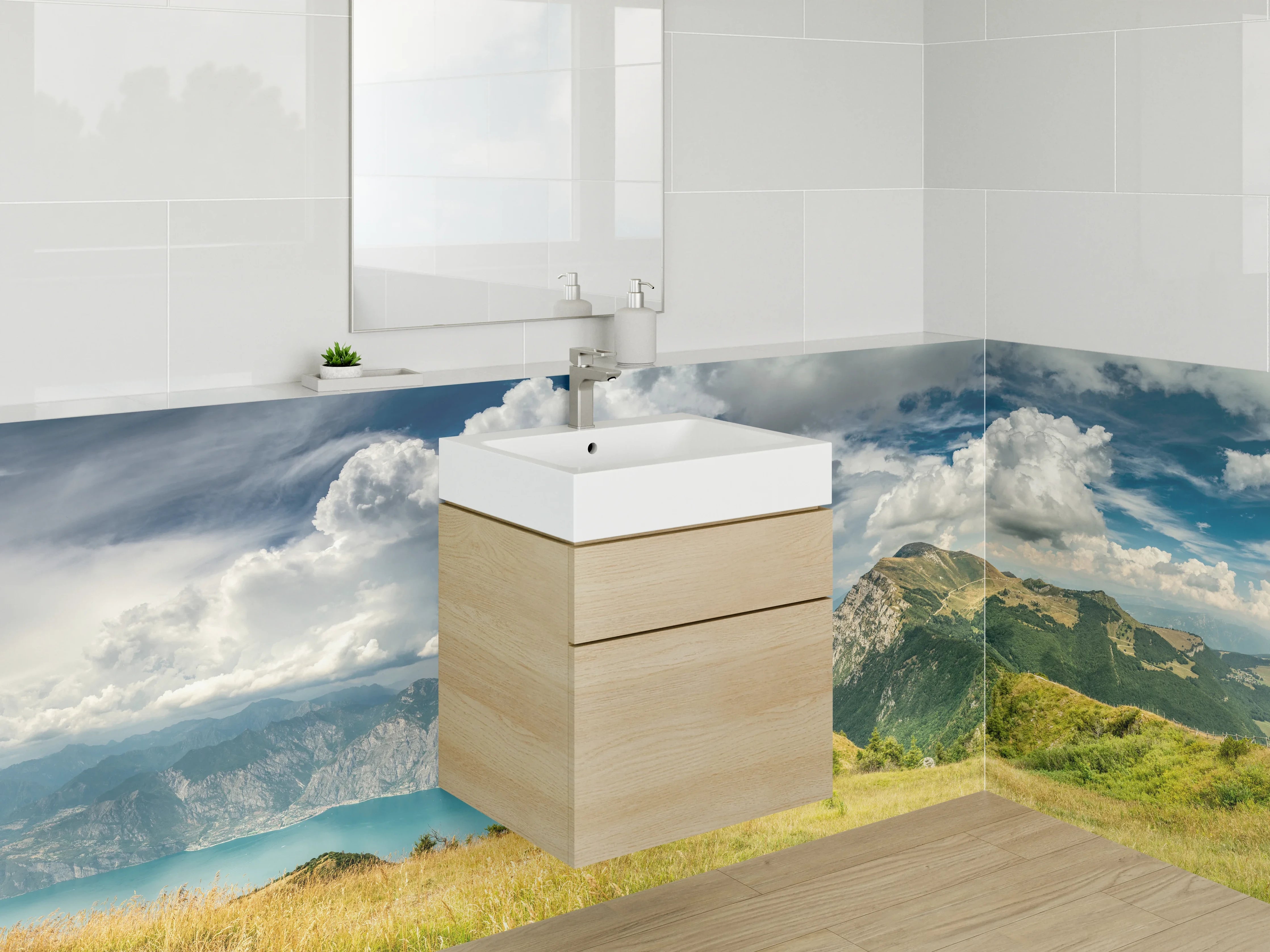 Waschbecken-Rückwand - Malerische Berg- und Seelandschaft