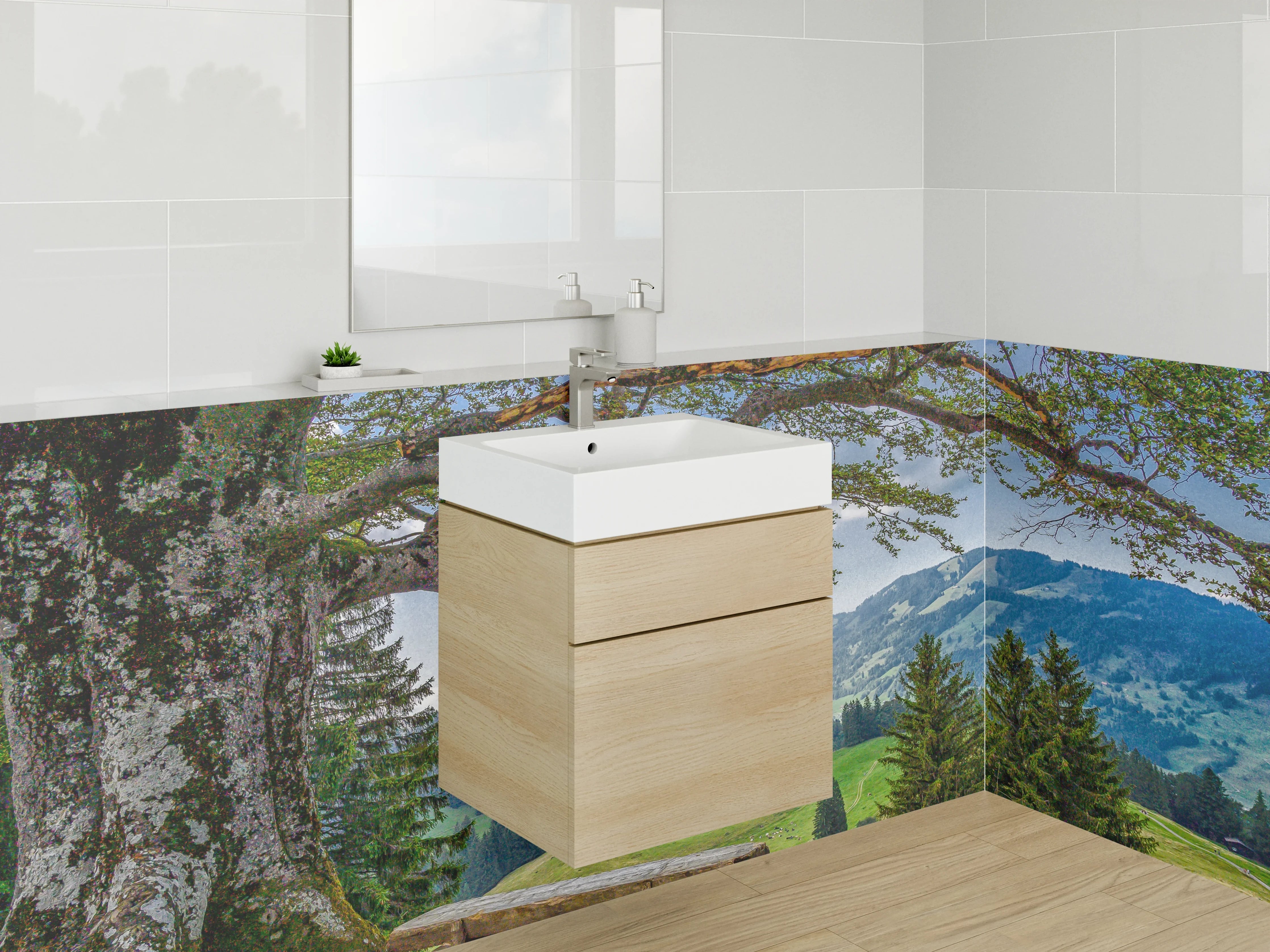 Waschbecken-Rückwand - Malerische Landschaft mit Baum und Bank