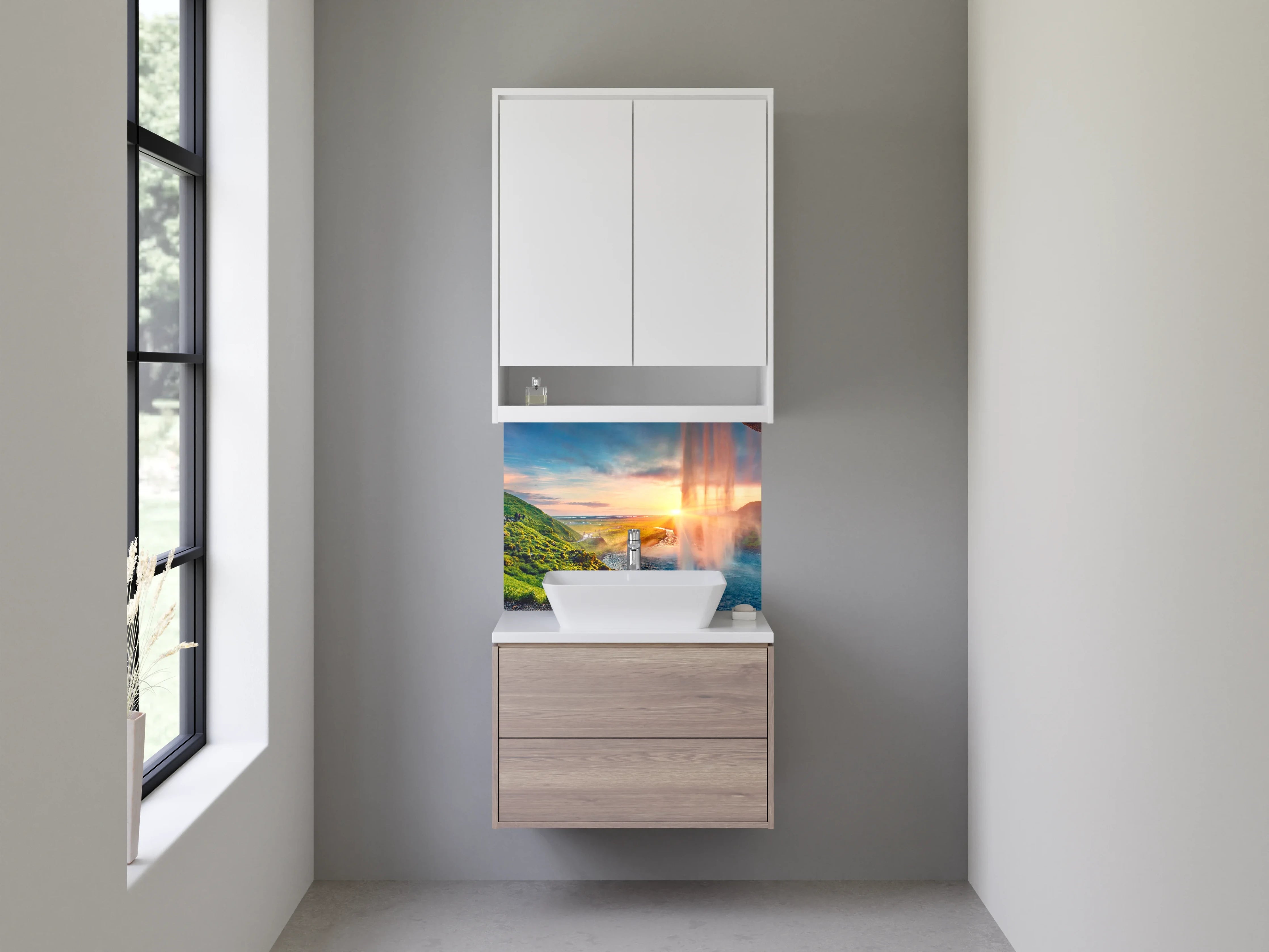 Waschbecken-Rückwand - Malerischer Sonnenuntergang am Wasserfall