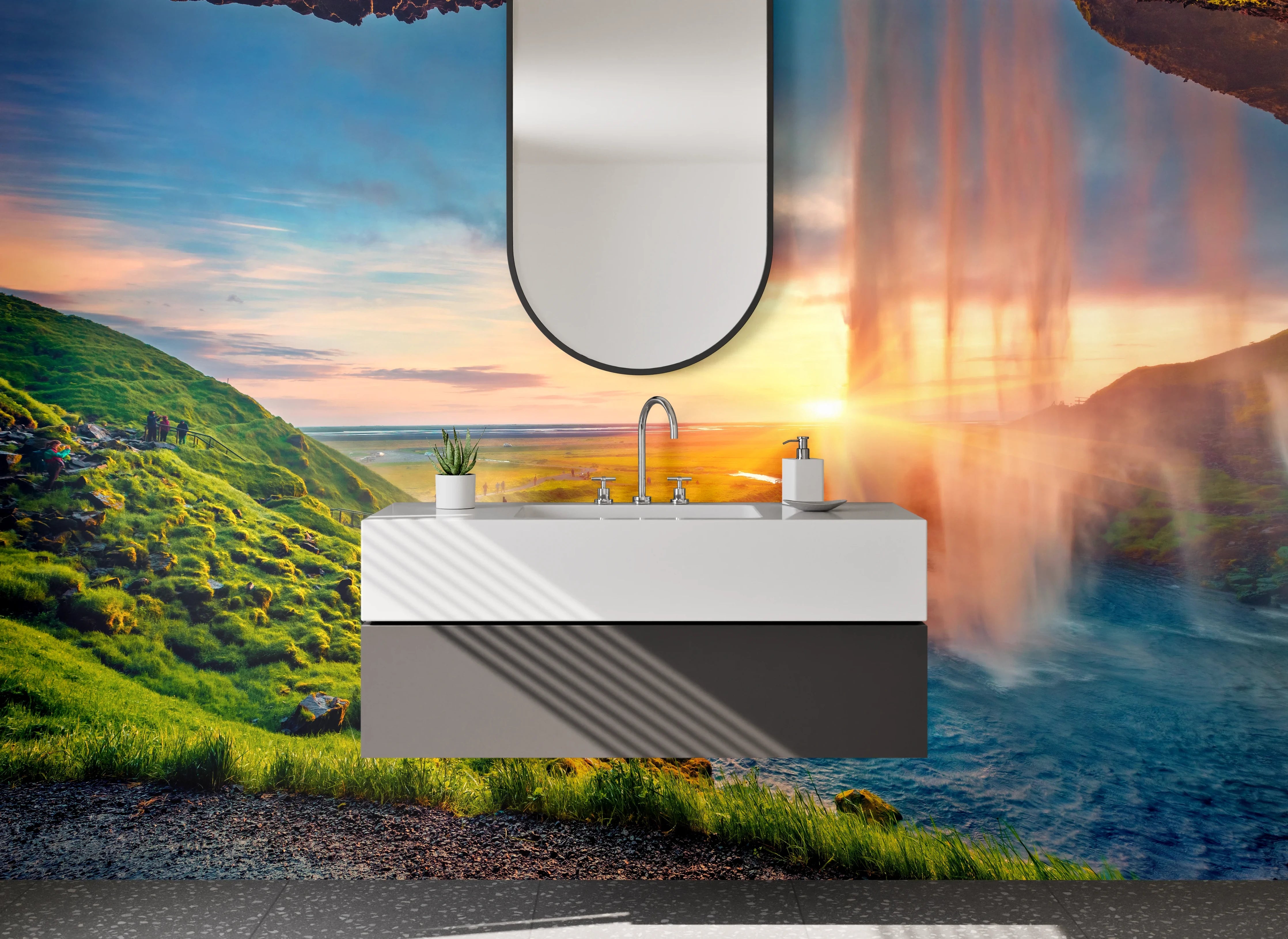 Waschbecken-Rückwand - Malerischer Sonnenuntergang am Wasserfall