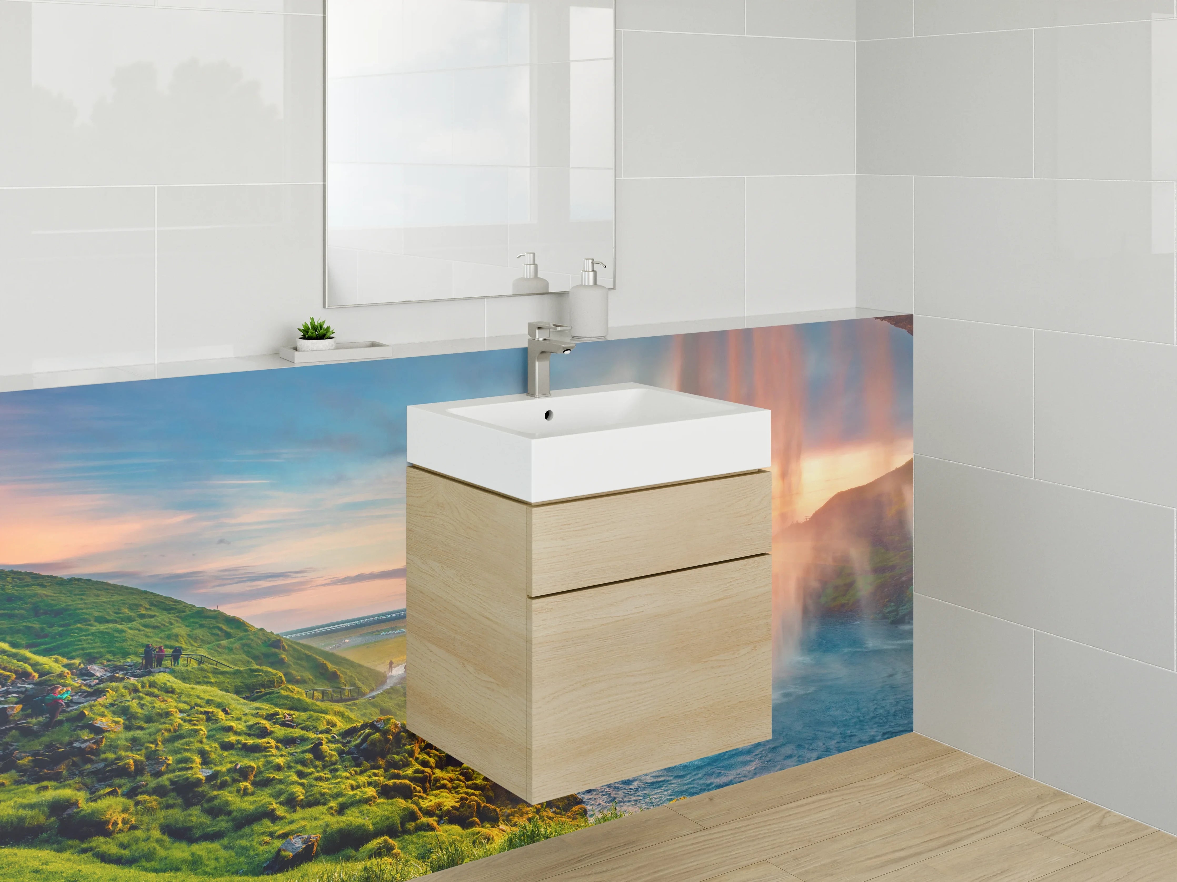 Waschbecken-Rückwand - Malerischer Sonnenuntergang am Wasserfall