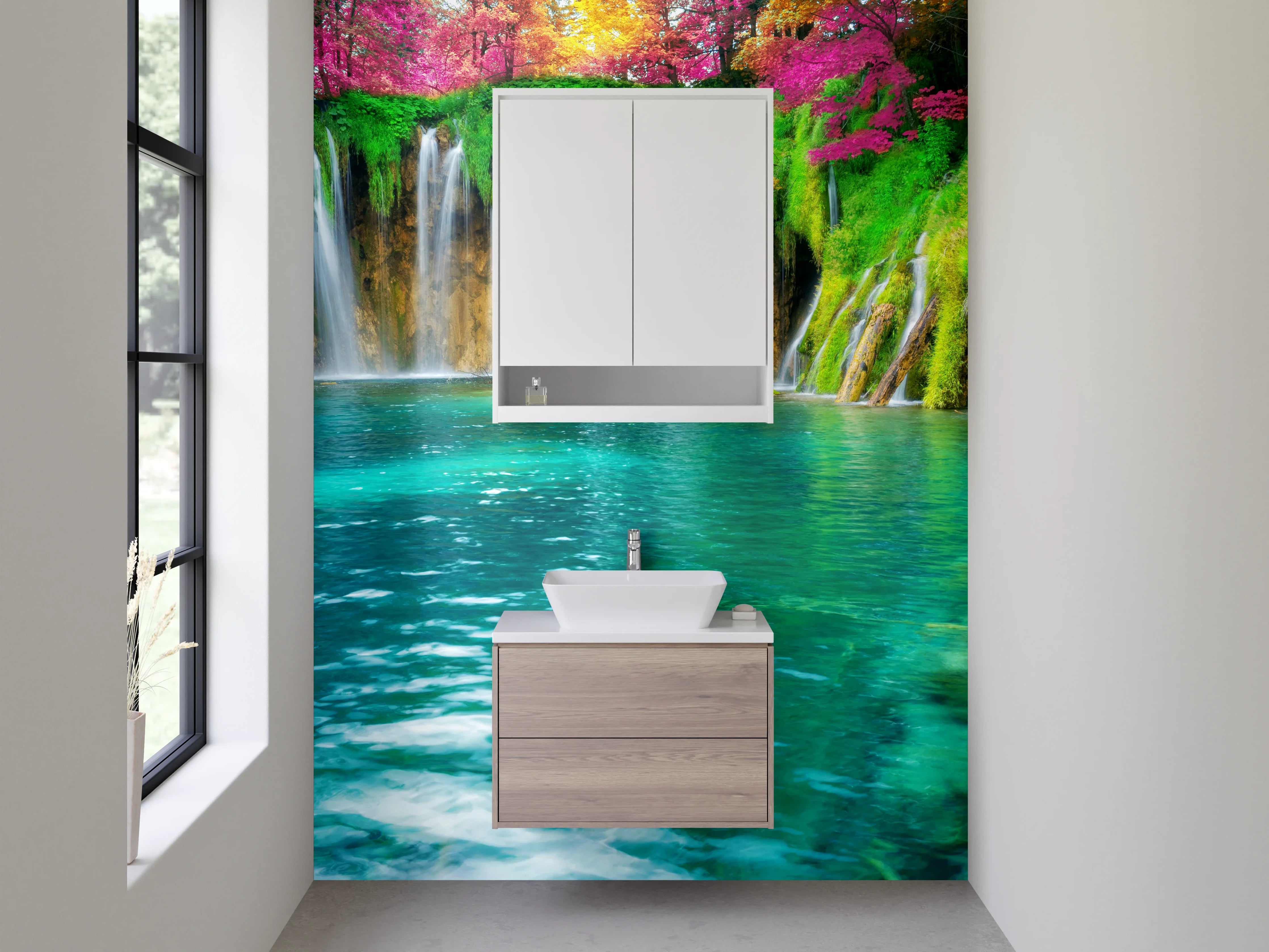Waschbecken-Rückwand - Malerischer Wasserfall in Naturfarben