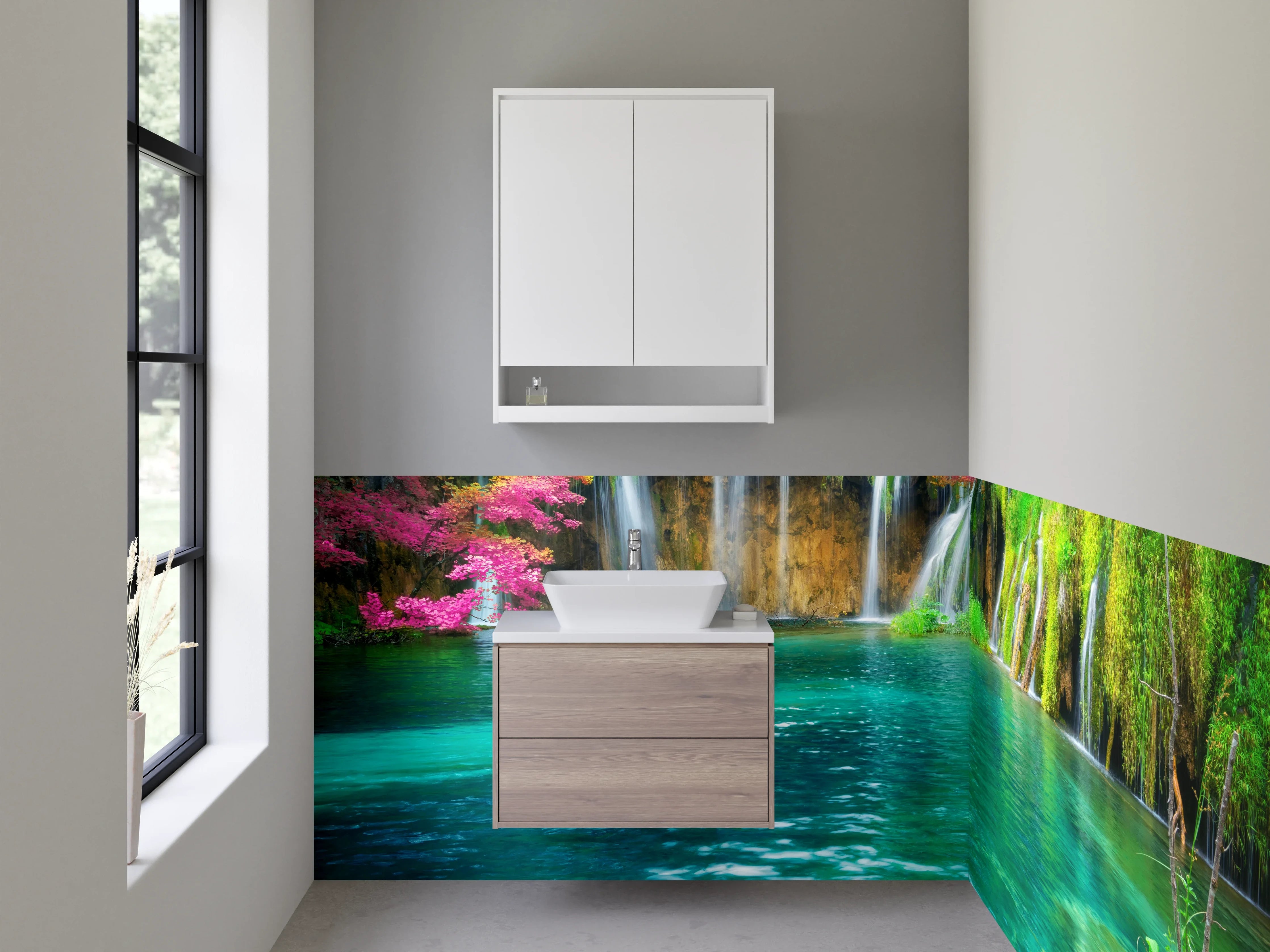 Waschbecken-Rückwand - Malerischer Wasserfall in Naturfarben