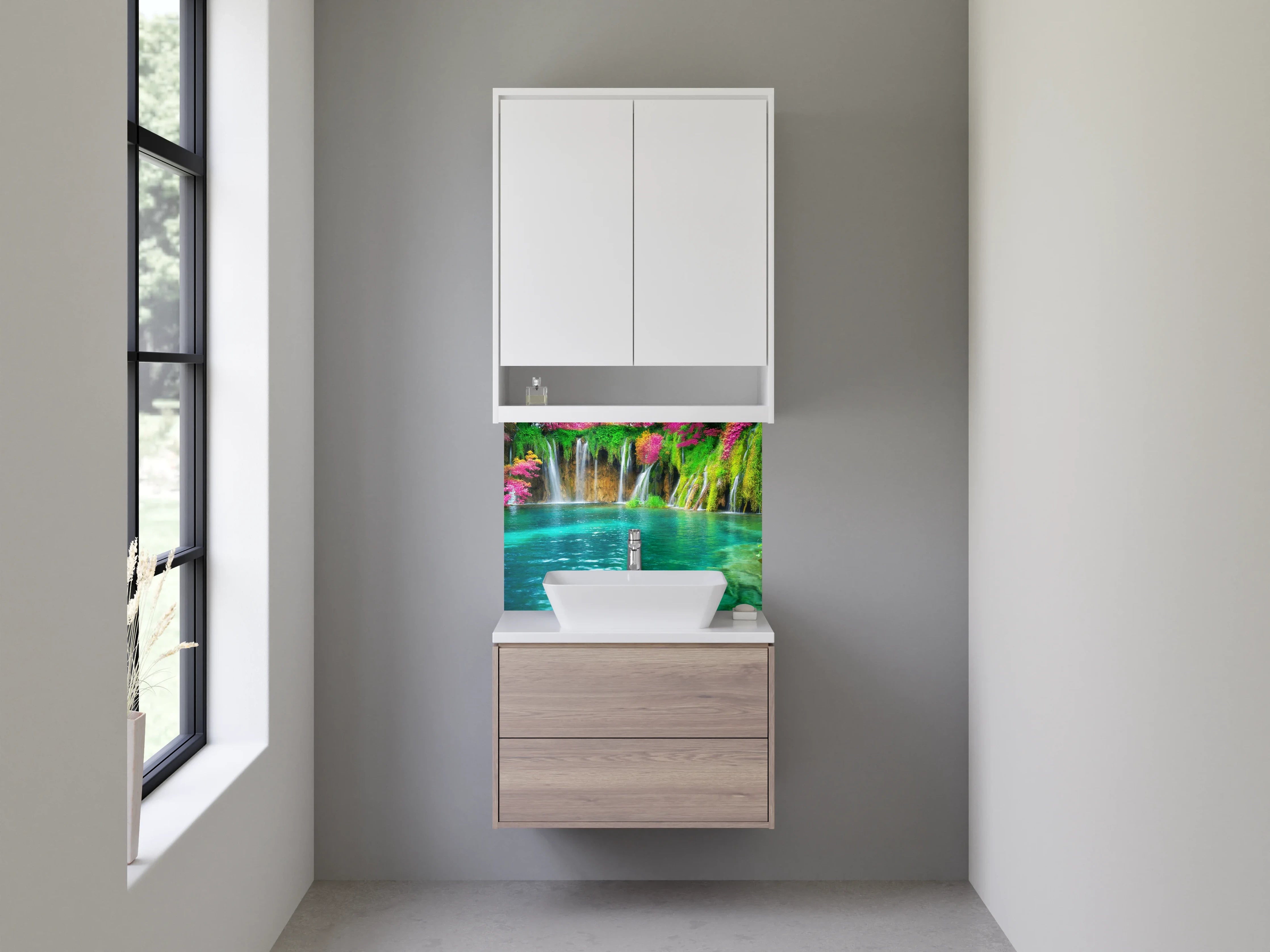 Waschbecken-Rückwand - Malerischer Wasserfall in Naturfarben