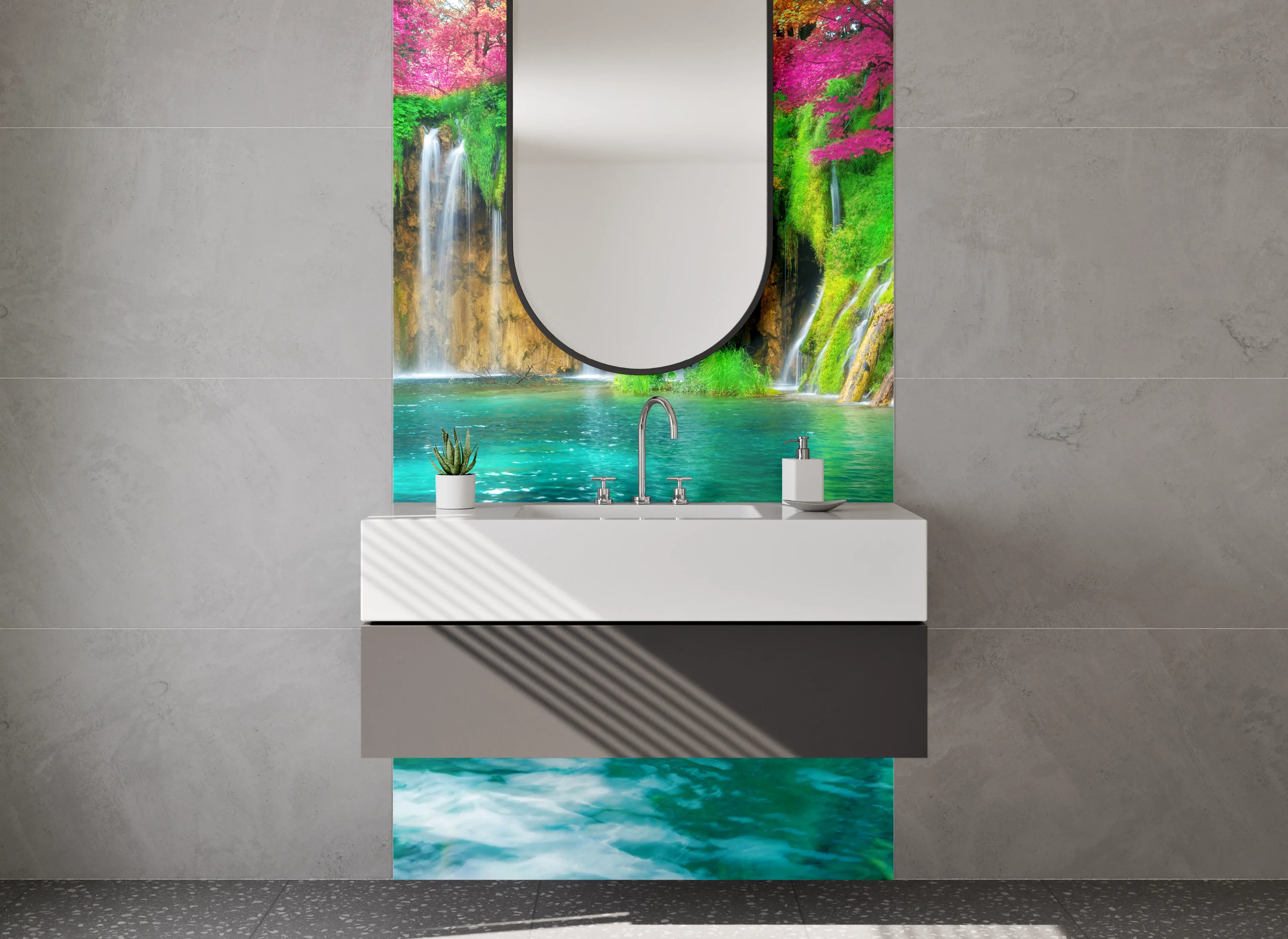 Waschbecken-Rückwand - Malerischer Wasserfall in Naturfarben