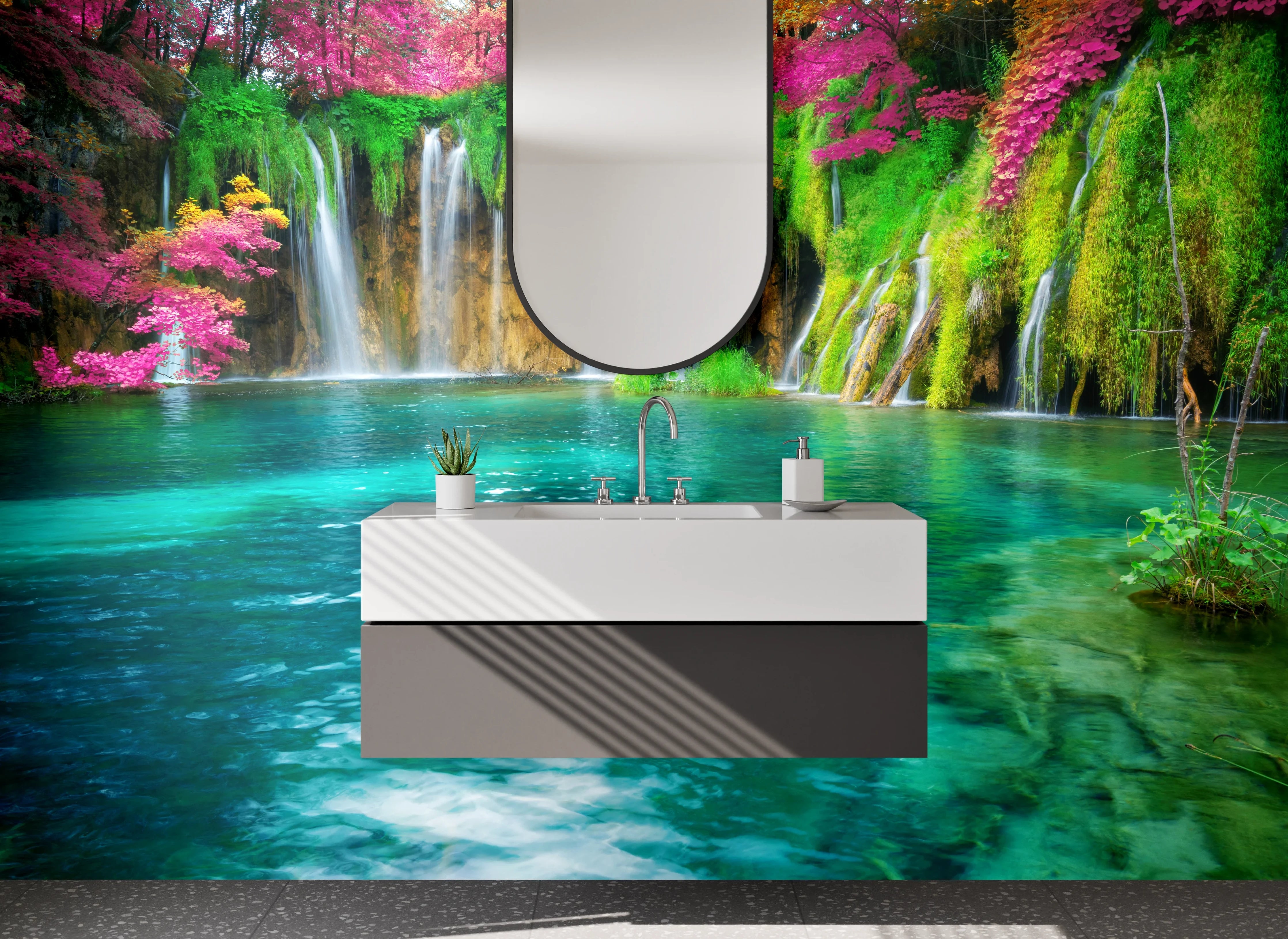 Waschbecken-Rückwand - Malerischer Wasserfall in Naturfarben