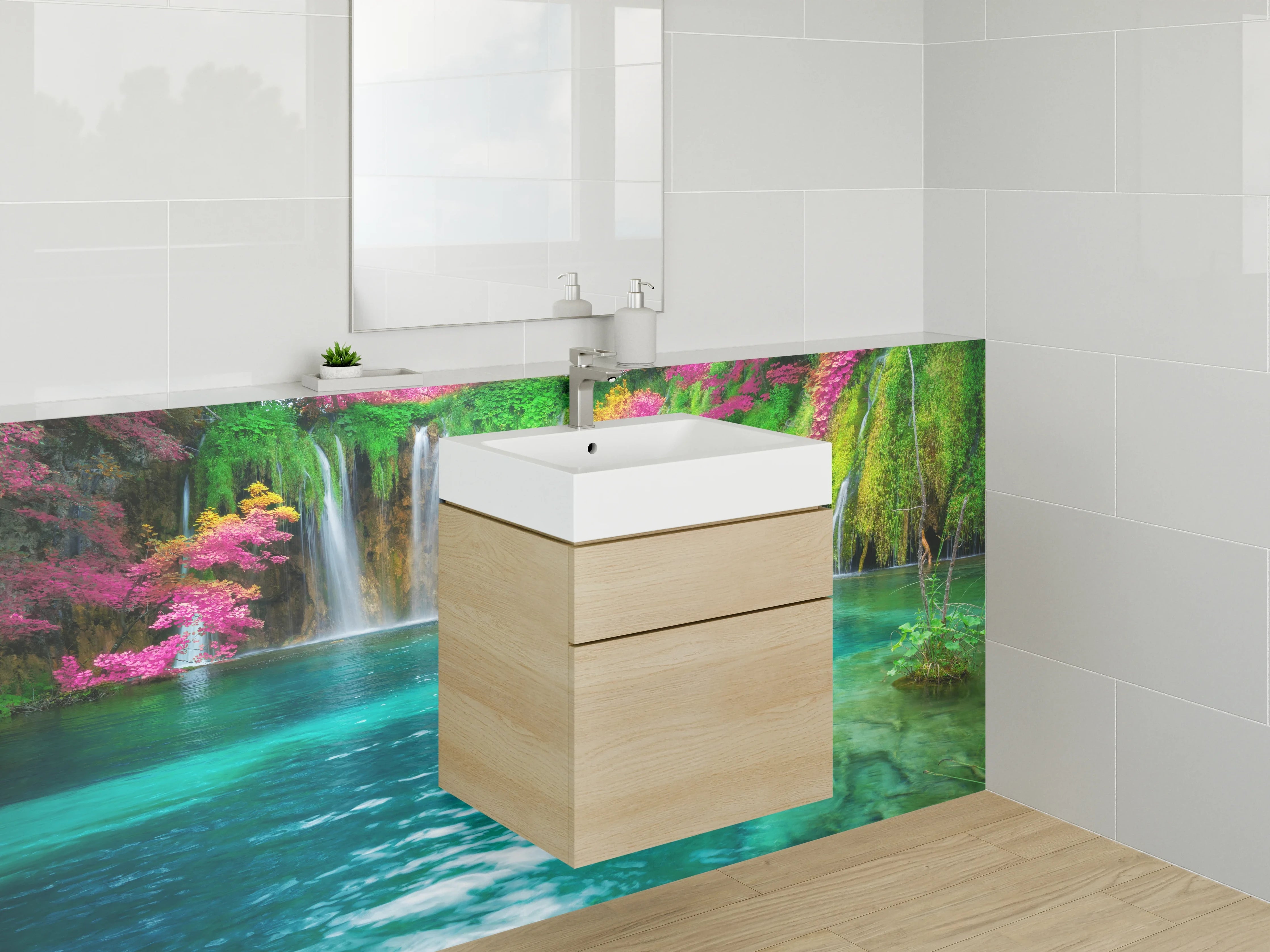Waschbecken-Rückwand - Malerischer Wasserfall in Naturfarben