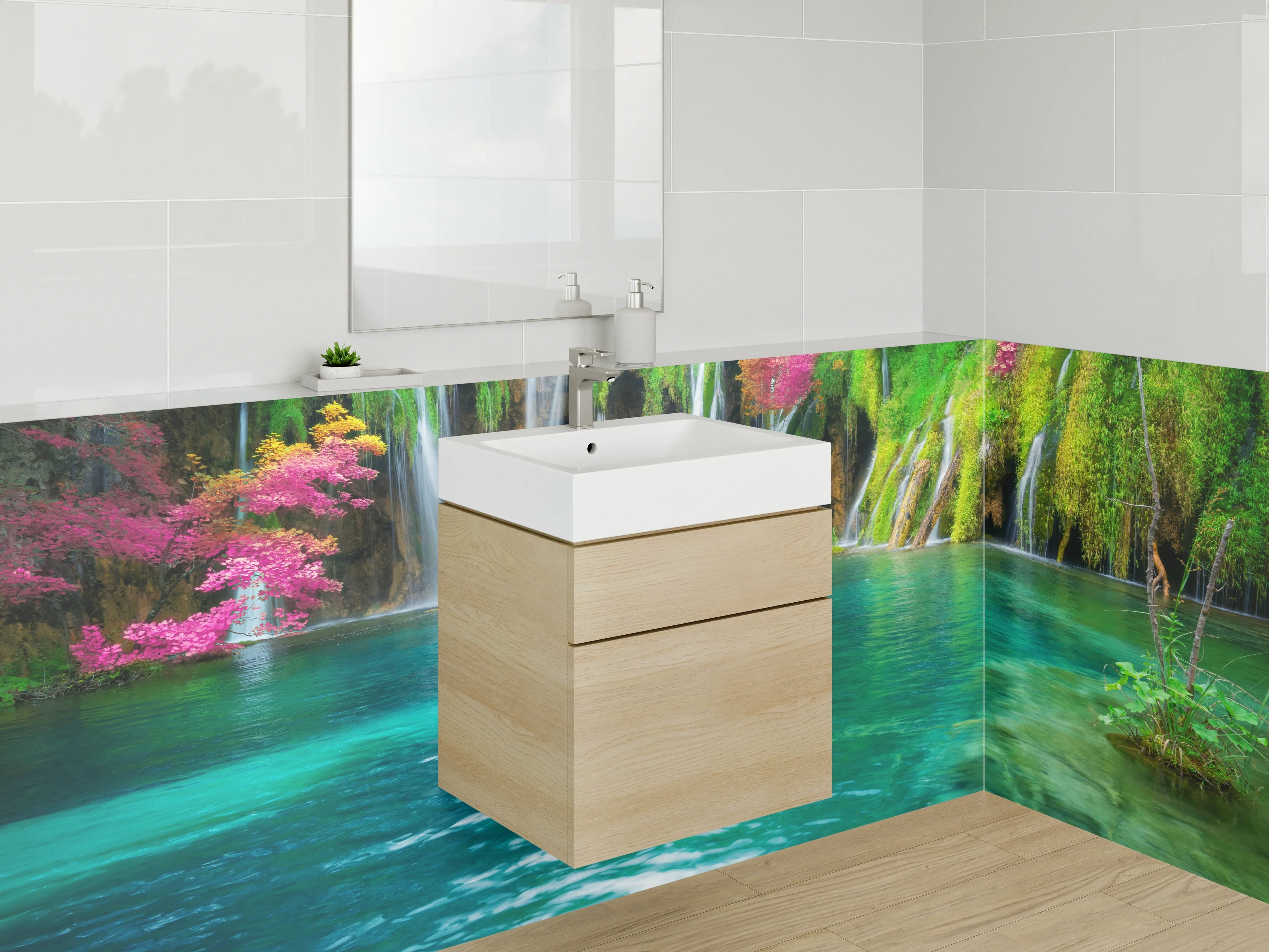 Waschbecken-Rückwand - Malerischer Wasserfall in Naturfarben