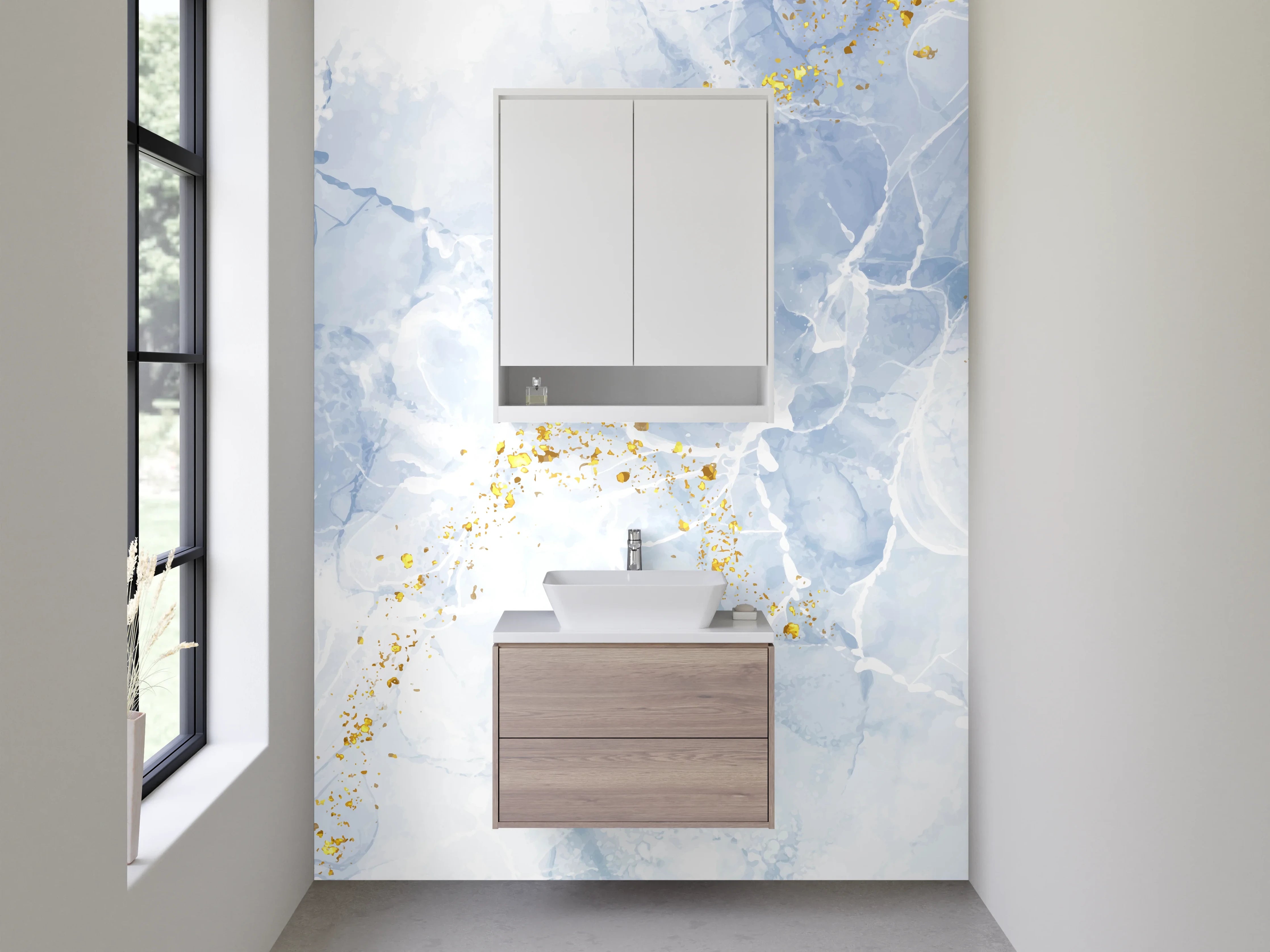 Waschbecken-Rückwand - Marmor Aquarell Optik Weiß Grau Gold
