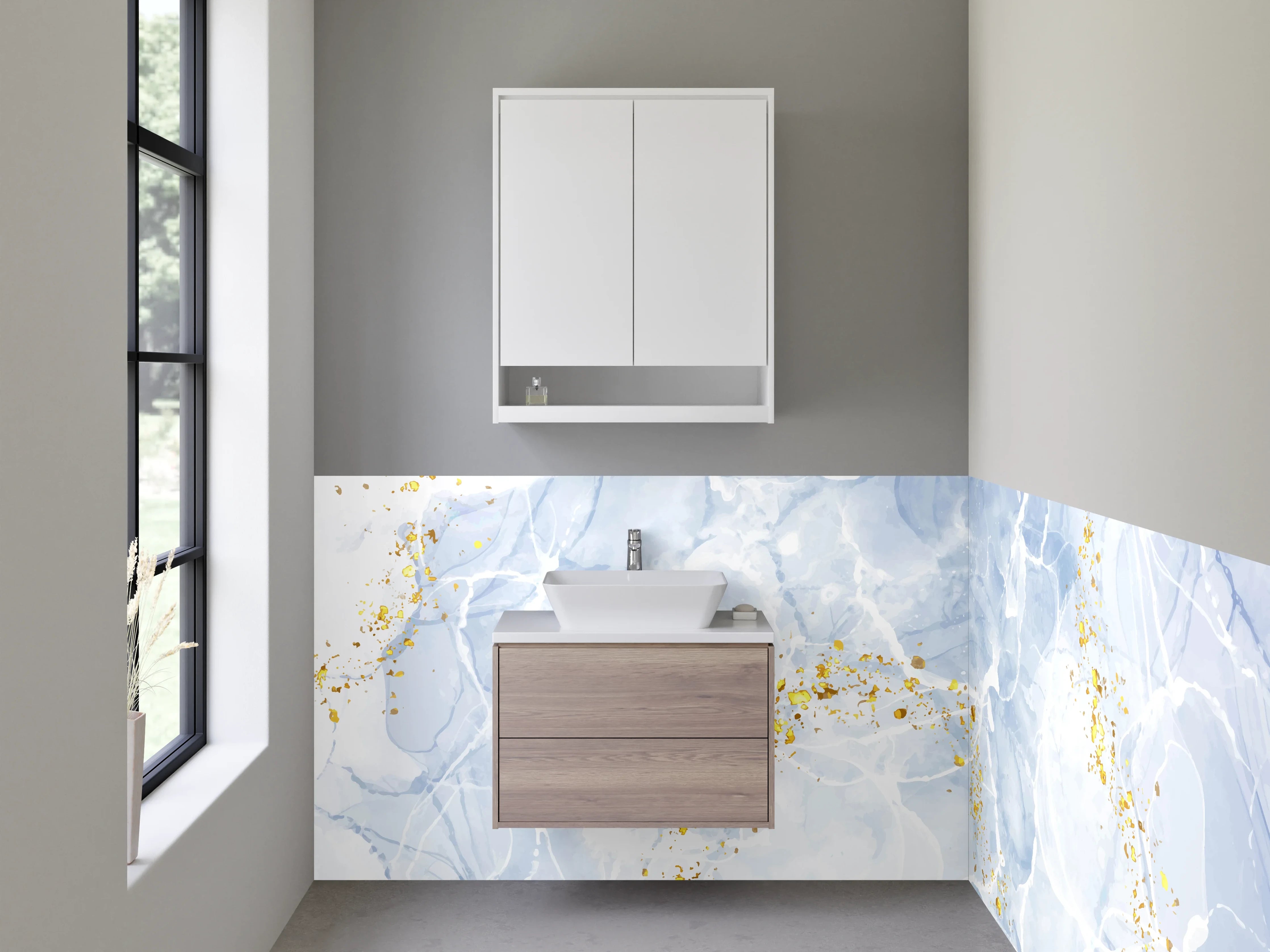 Waschbecken-Rückwand - Marmor Aquarell Optik Weiß Grau Gold