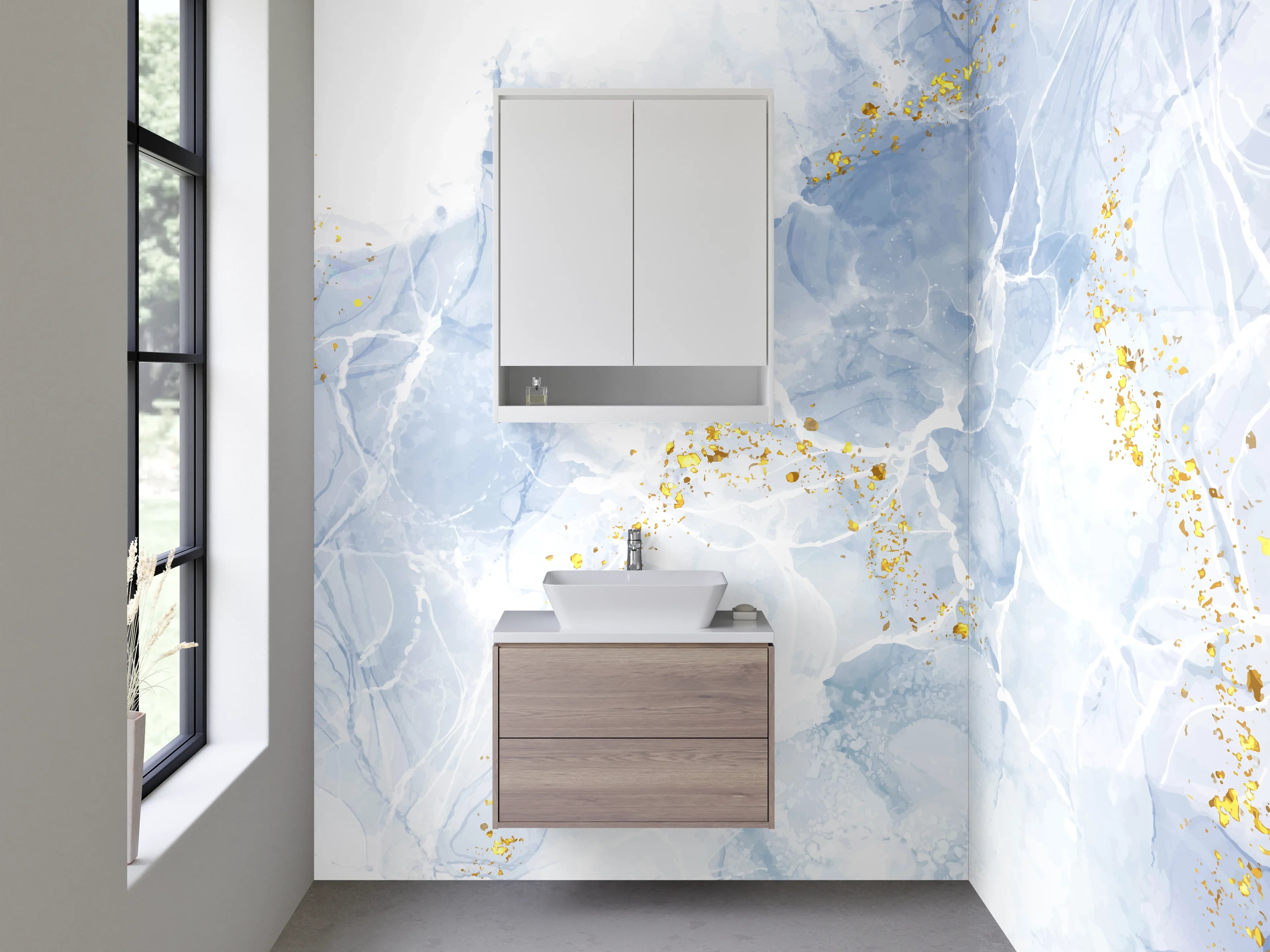 Waschbecken-Rückwand - Marmor Aquarell Optik Weiß Grau Gold