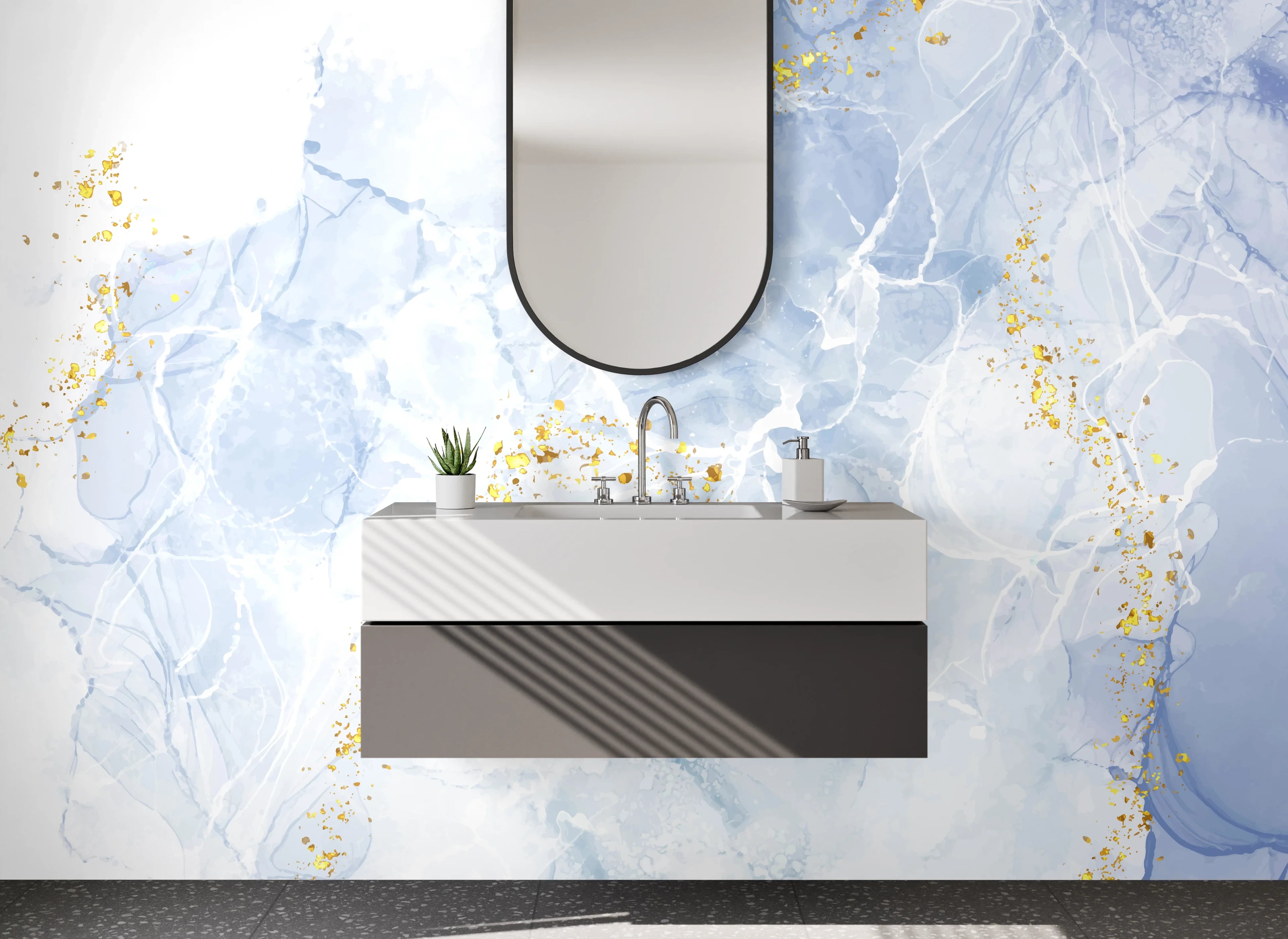 Waschbecken-Rückwand - Marmor Aquarell Optik Weiß Grau Gold