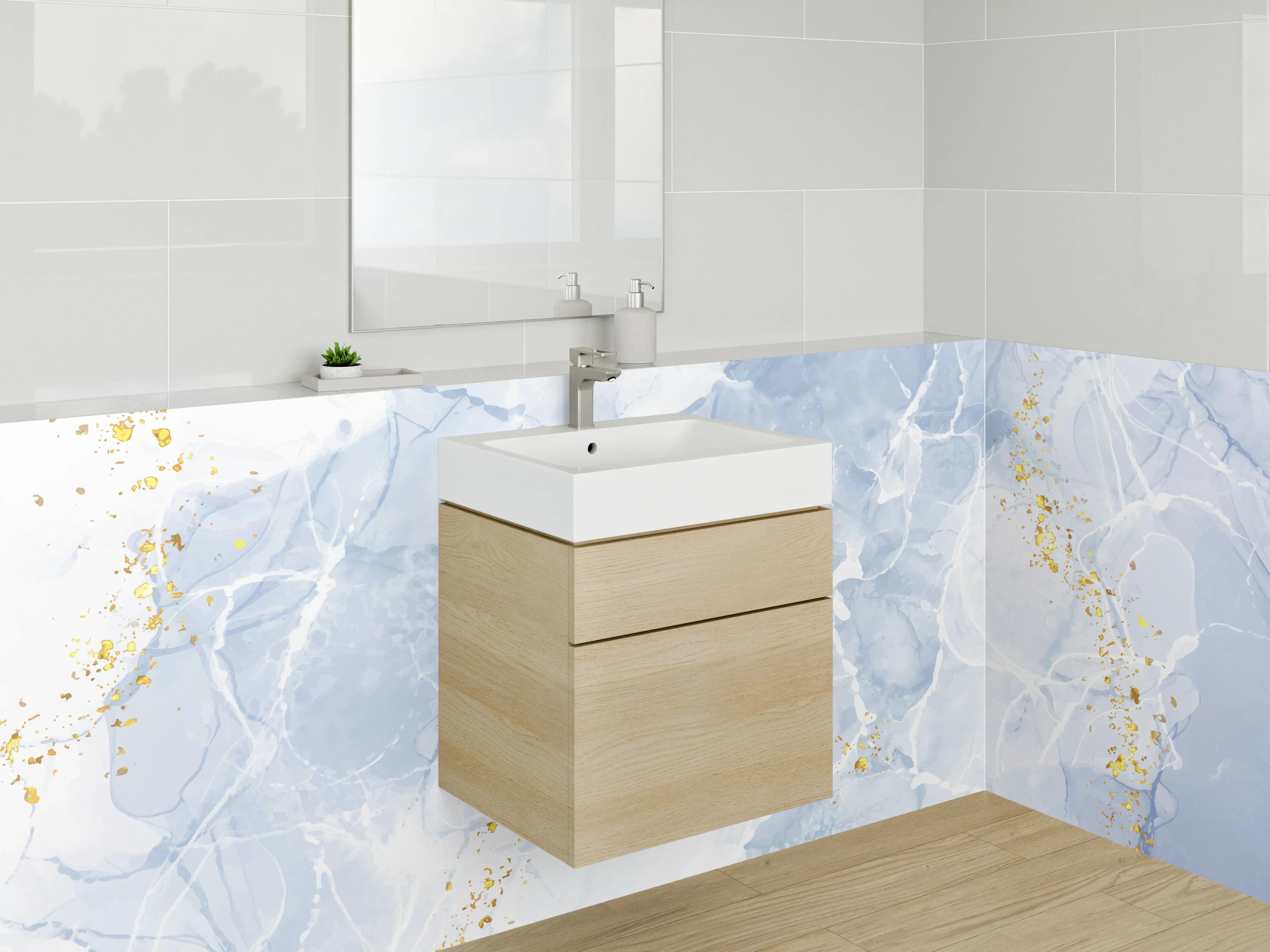 Waschbecken-Rückwand - Marmor Aquarell Optik Weiß Grau Gold