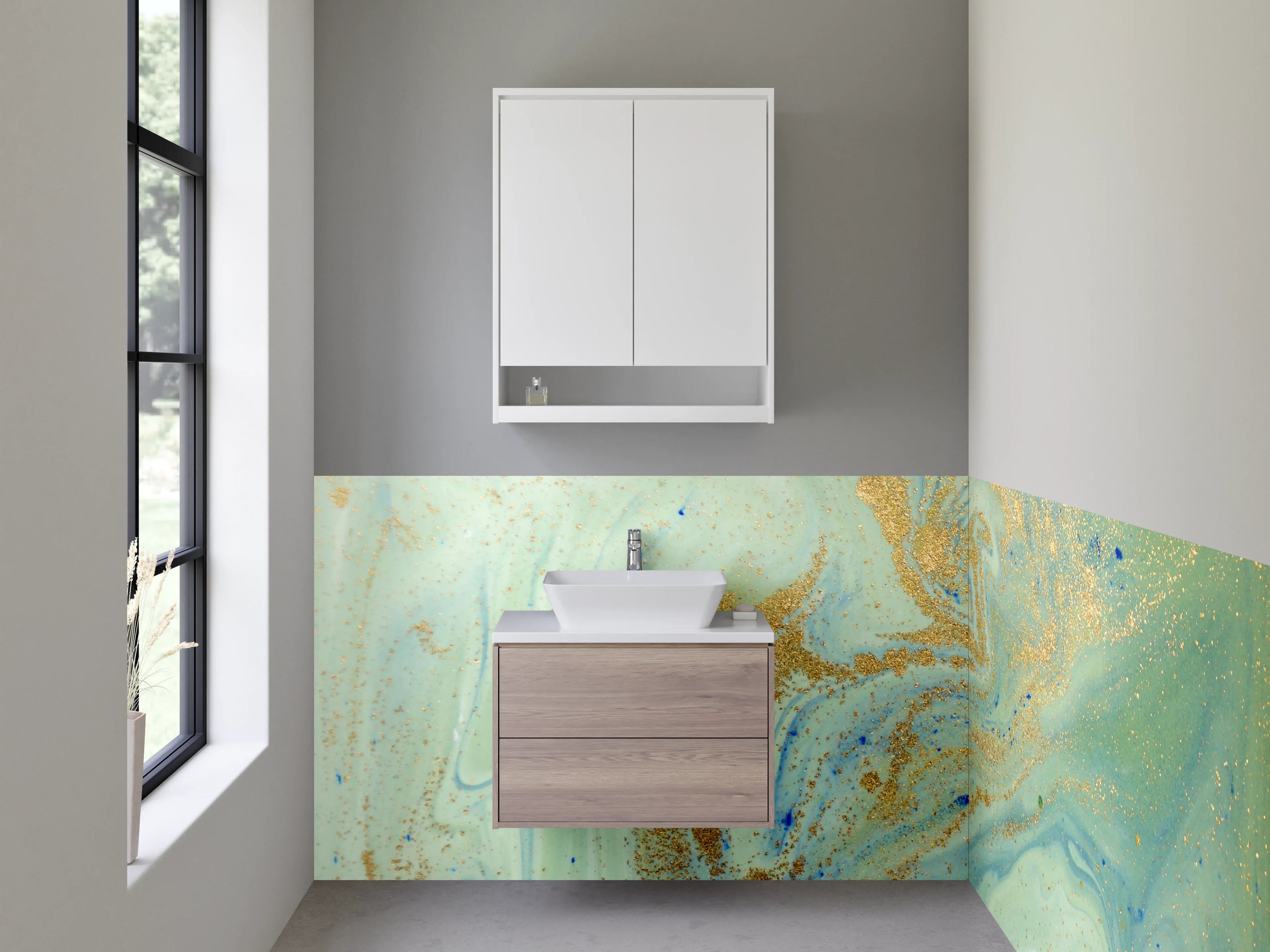 Waschbecken-Rückwand - Marmor Aquarell mit Goldakzenten