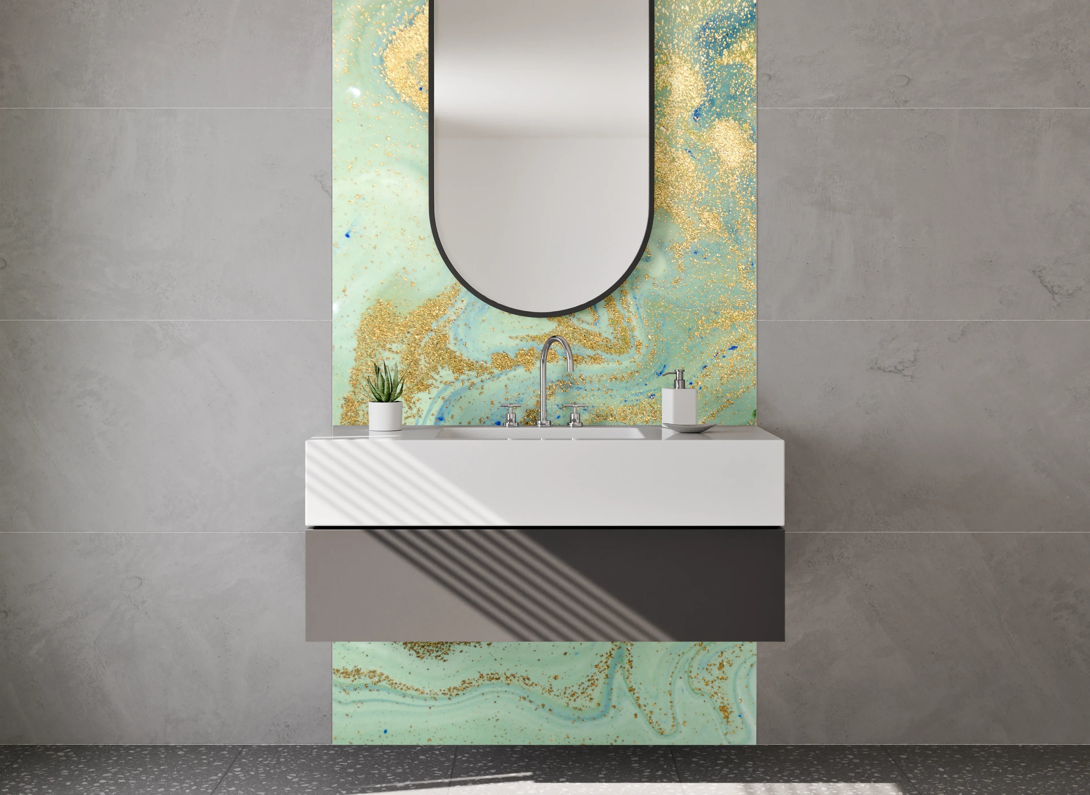 Waschbecken-Rückwand - Marmor Aquarell mit Goldakzenten