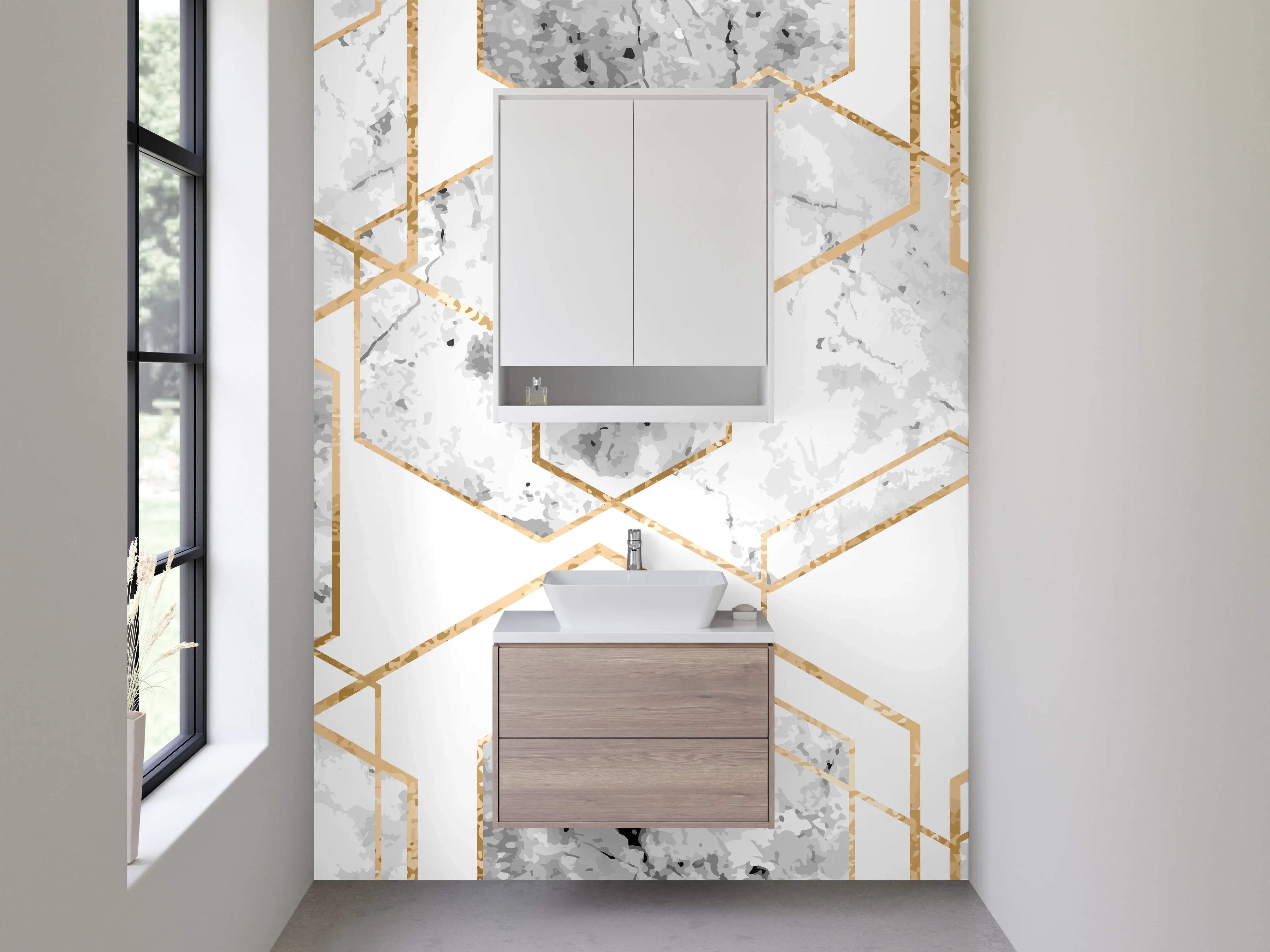 Waschbecken-Rückwand - Marmor Gold Hexagon Muster Weiß Grau